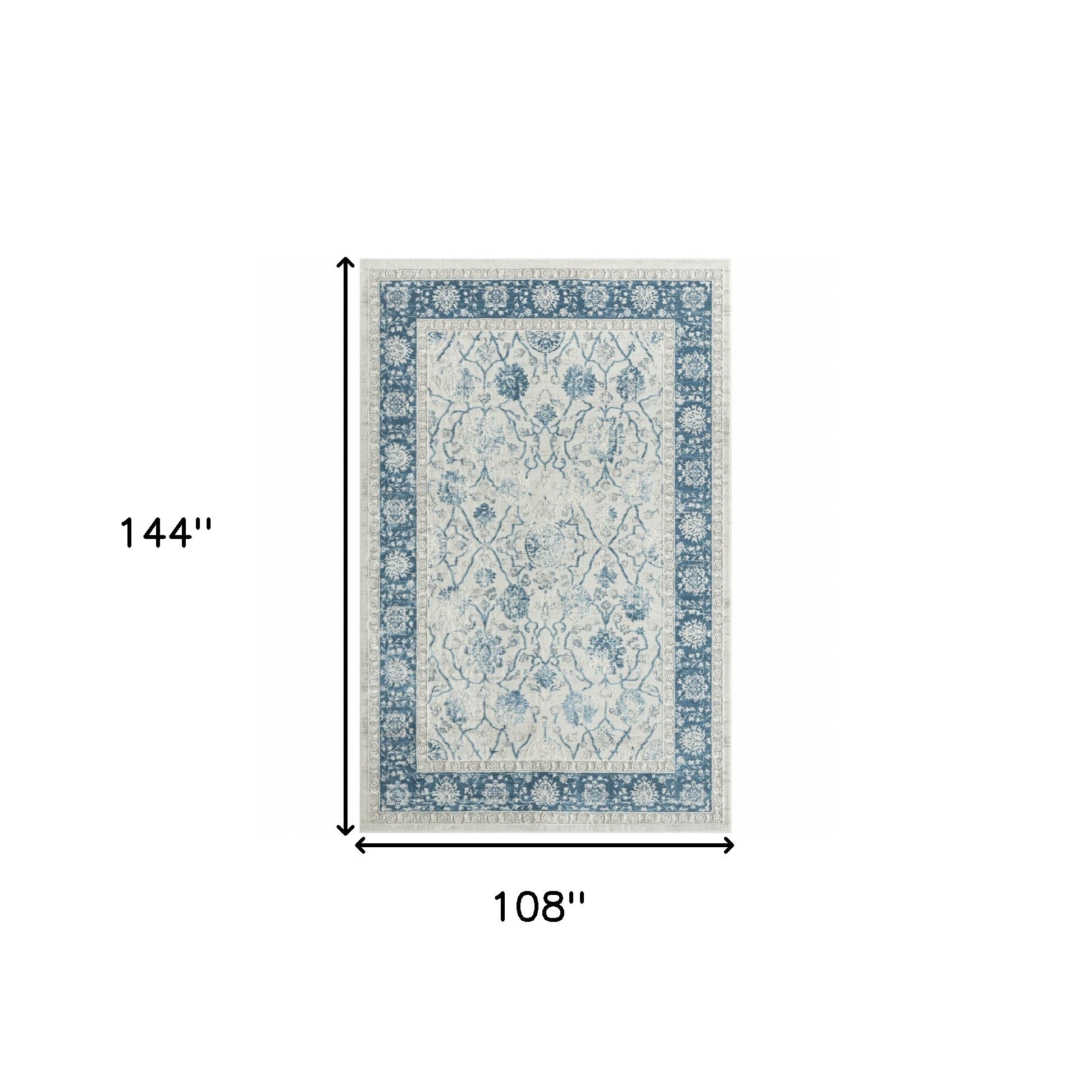 9' X 12' Blue Gray And Ivory Floral Power Loom Stain Resistant Area Rug