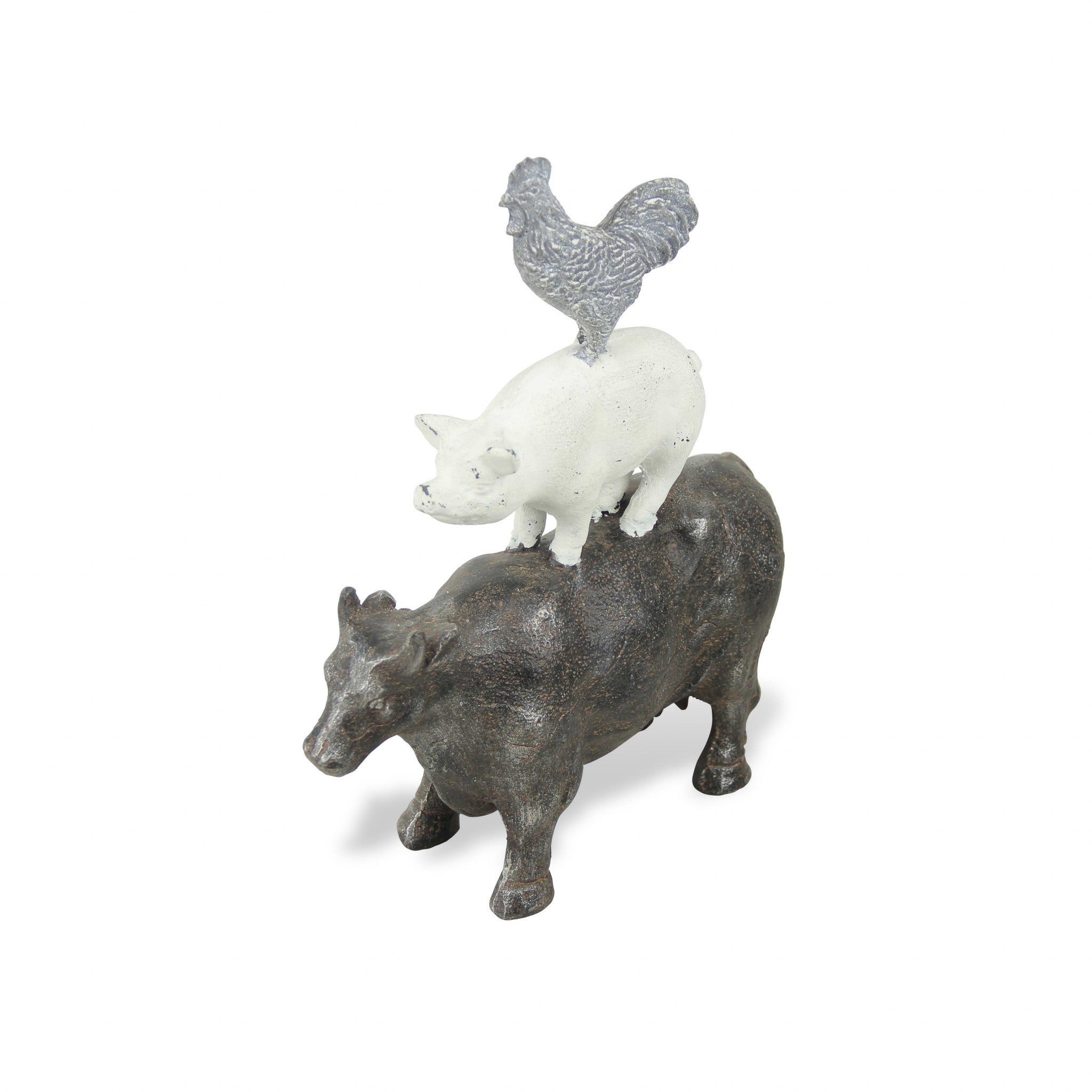 12" Grey And White Cast Iron Trio of Farm Animals Hand Painted Sculpture