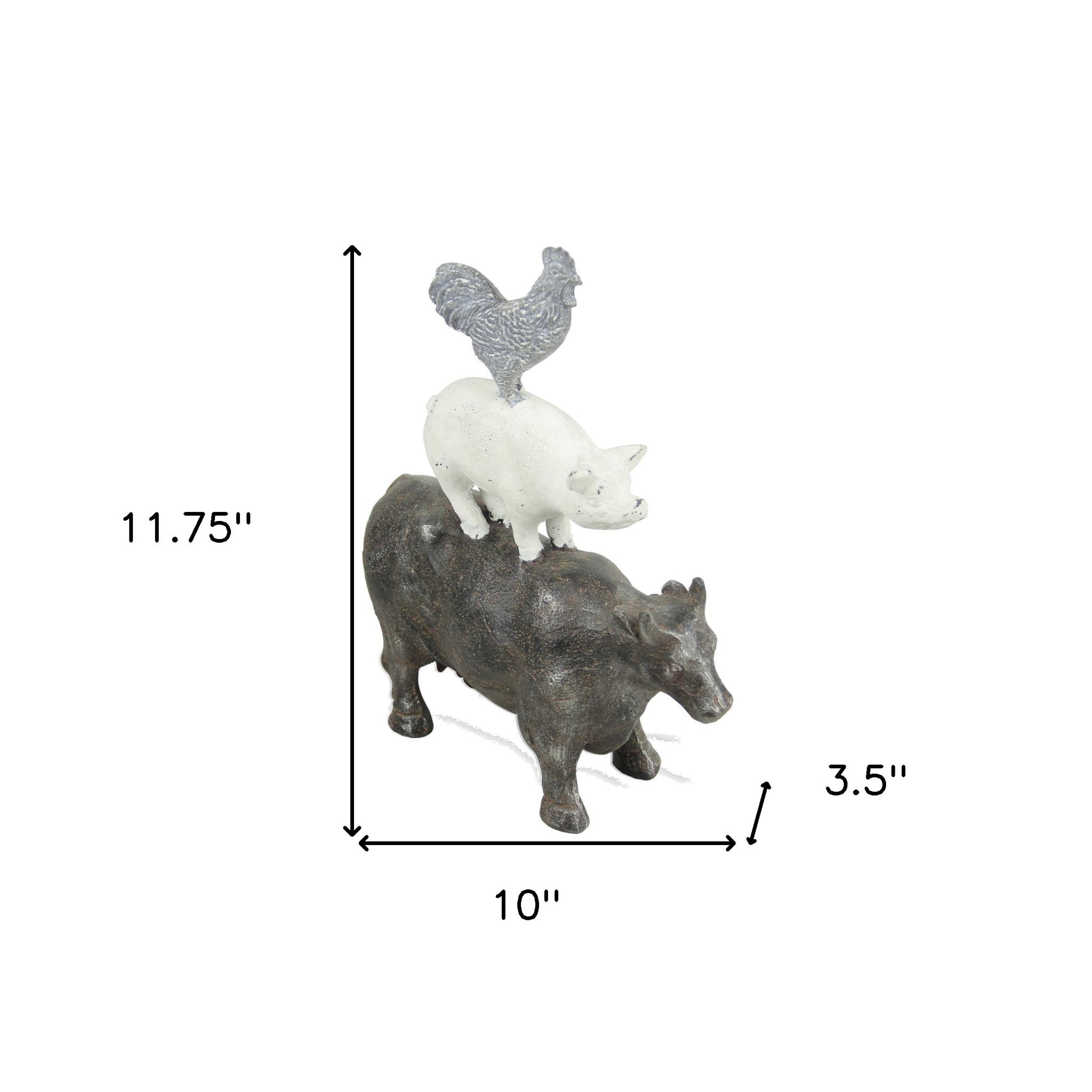 12" Grey And White Cast Iron Trio of Farm Animals Hand Painted Sculpture
