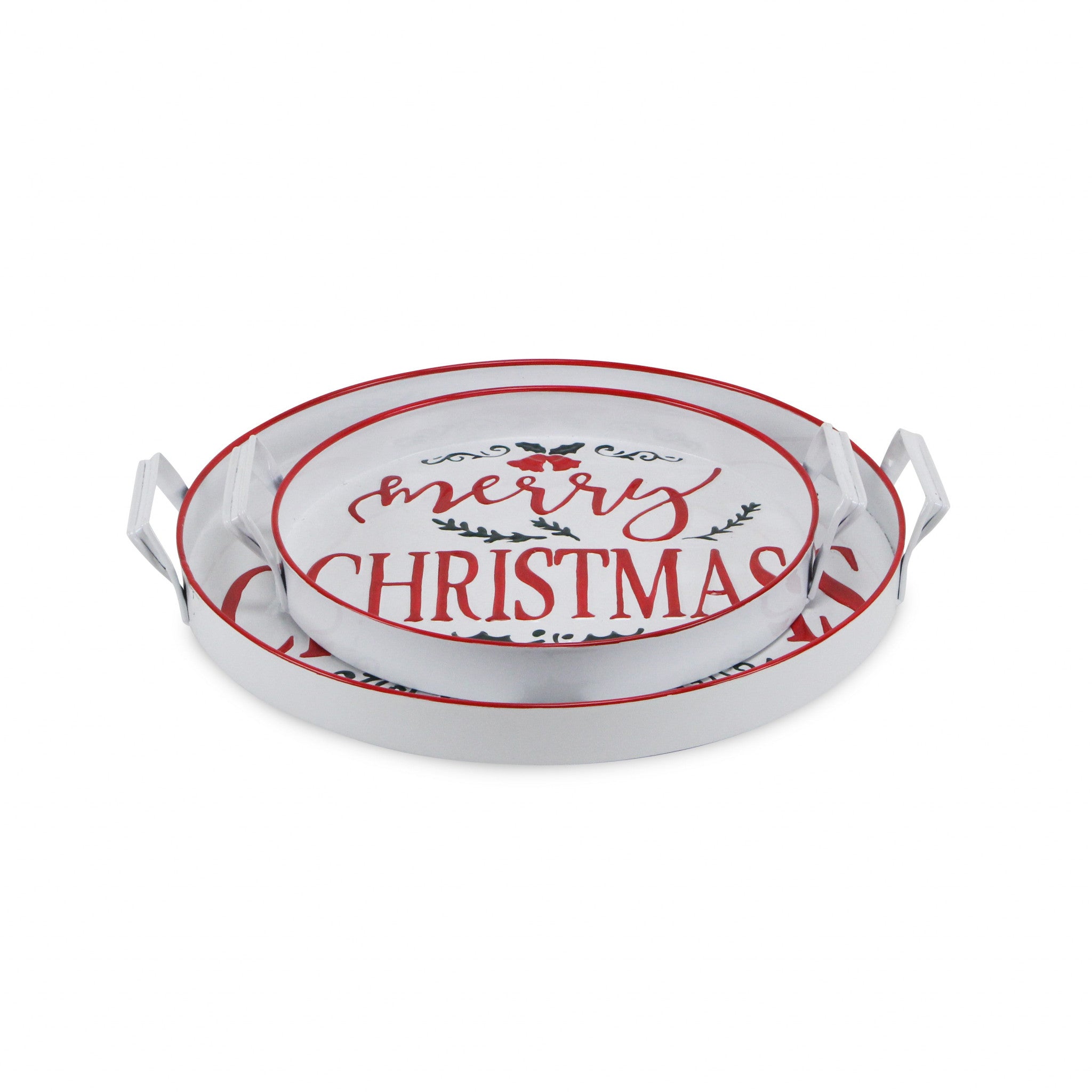 White Round Metal Christmas Handmade Tray With Handles 18"