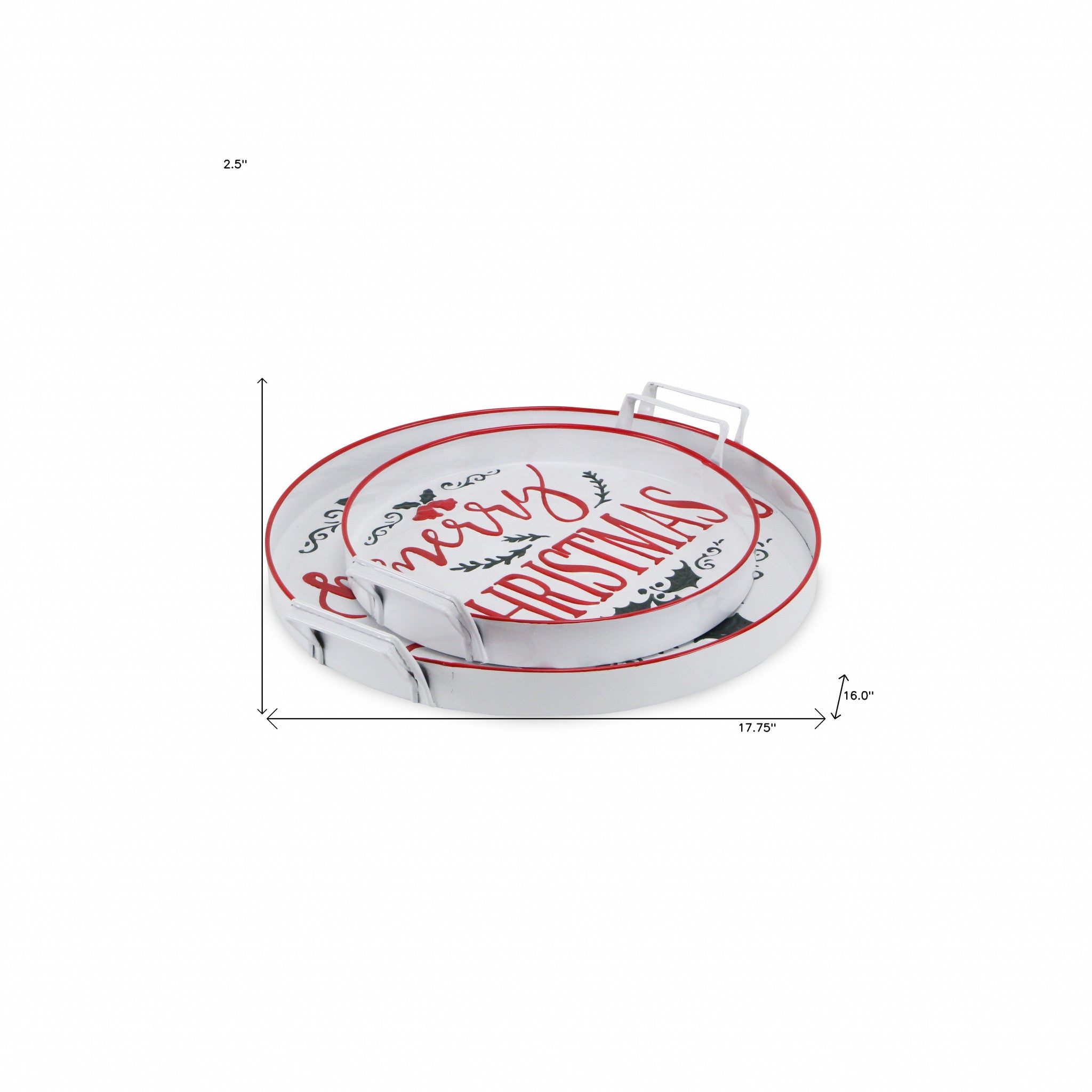 White Round Metal Christmas Handmade Tray With Handles 18"