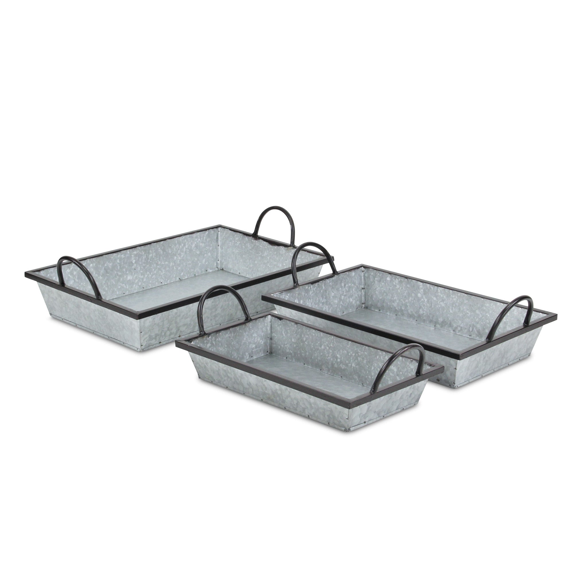 Set Of Three 18" Gray and Black Metal Handmade Trays With Handles
