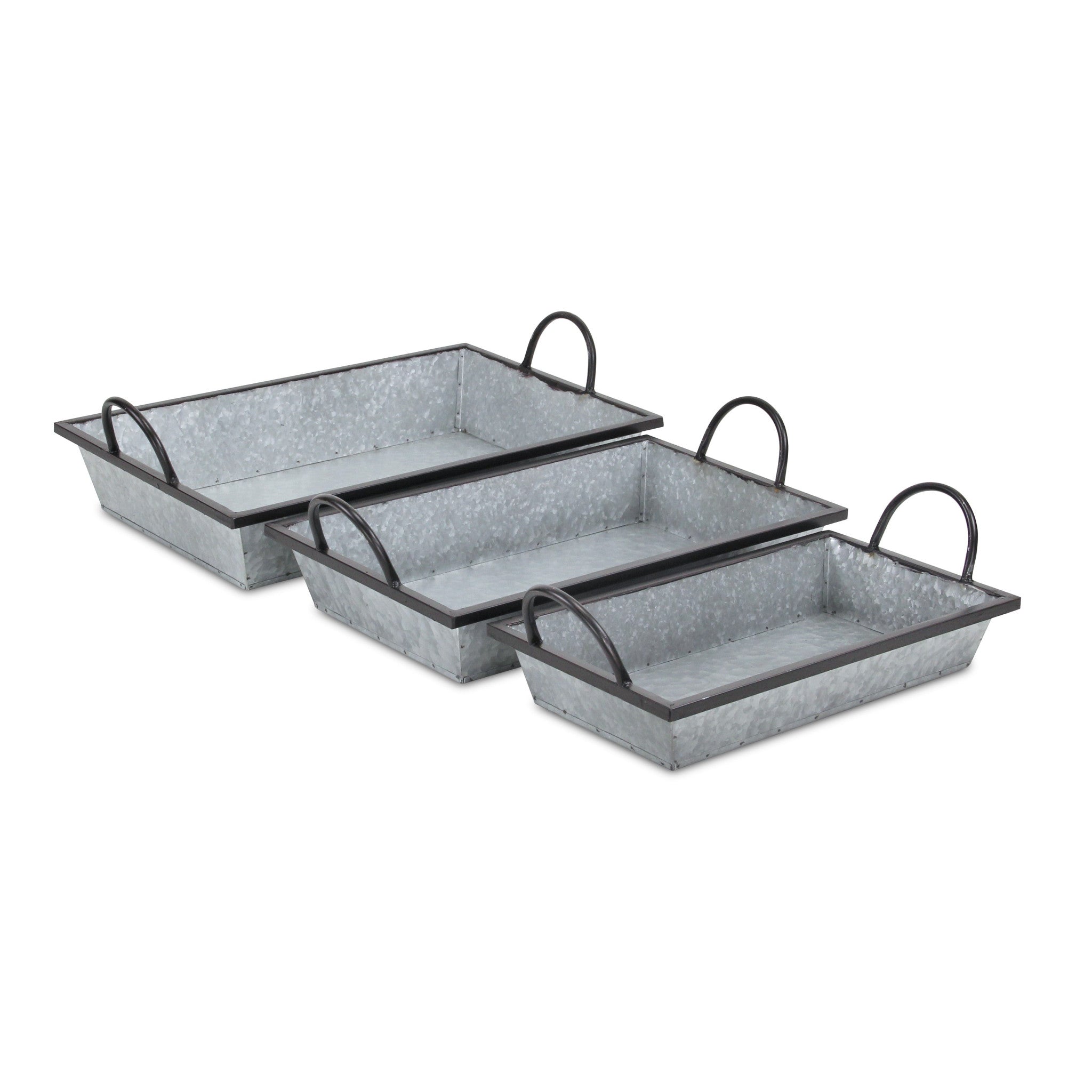 Set Of Three 18" Gray and Black Metal Handmade Trays With Handles