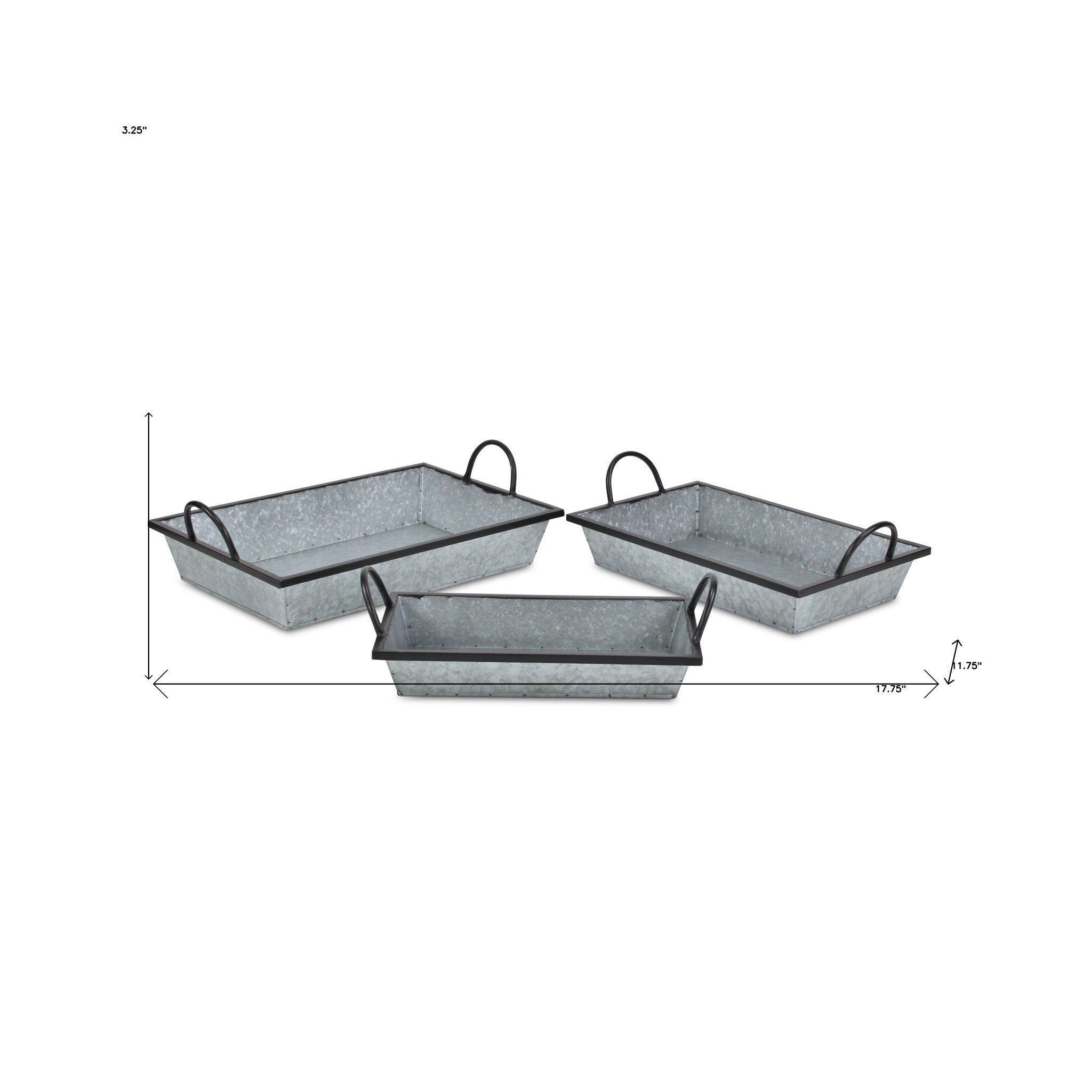 Set Of Three 18" Gray and Black Metal Handmade Trays With Handles