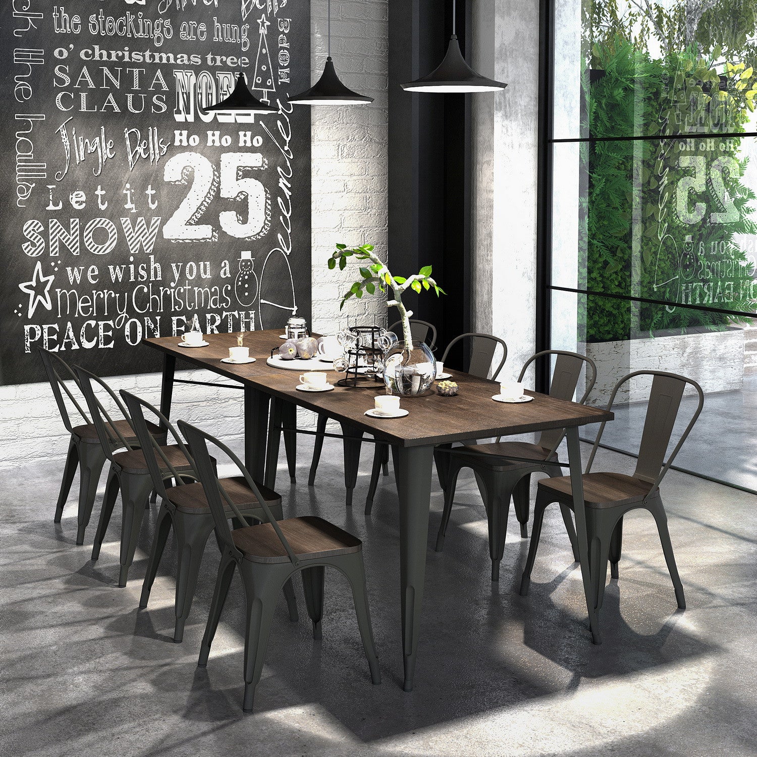 32" Brown And Gray Rectangular Solid Wood and Steel Dining Table