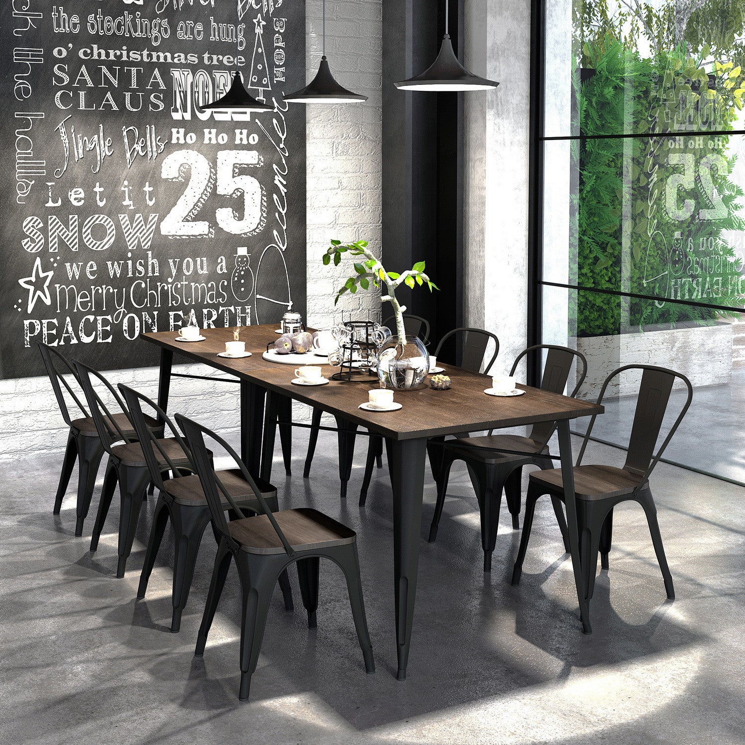 Set Of Two Black and Brown Wood and Metal Slat Back Dining Chairs