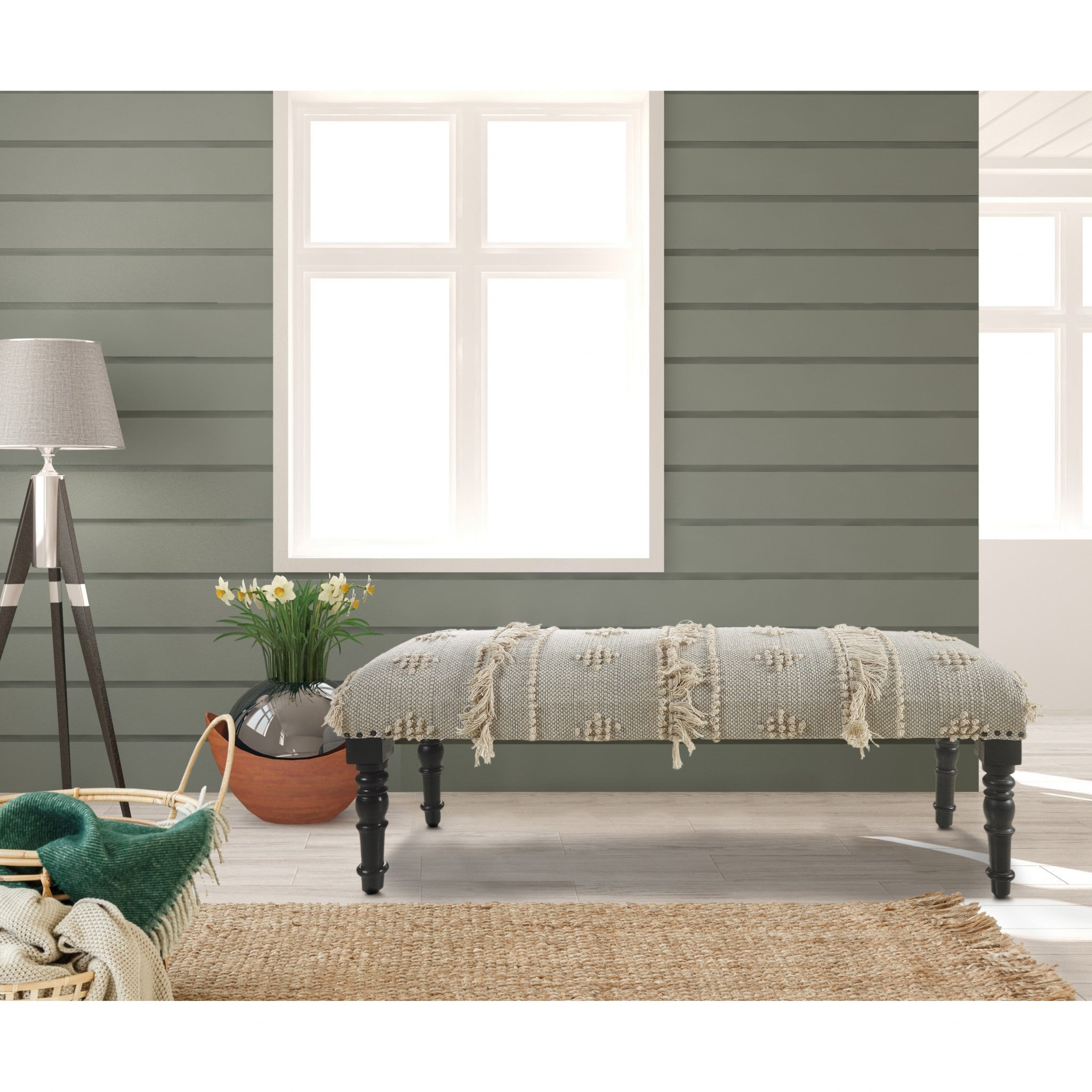 47 英寸奶油色和黑色腿抽象條紋和圓點軟墊長凳