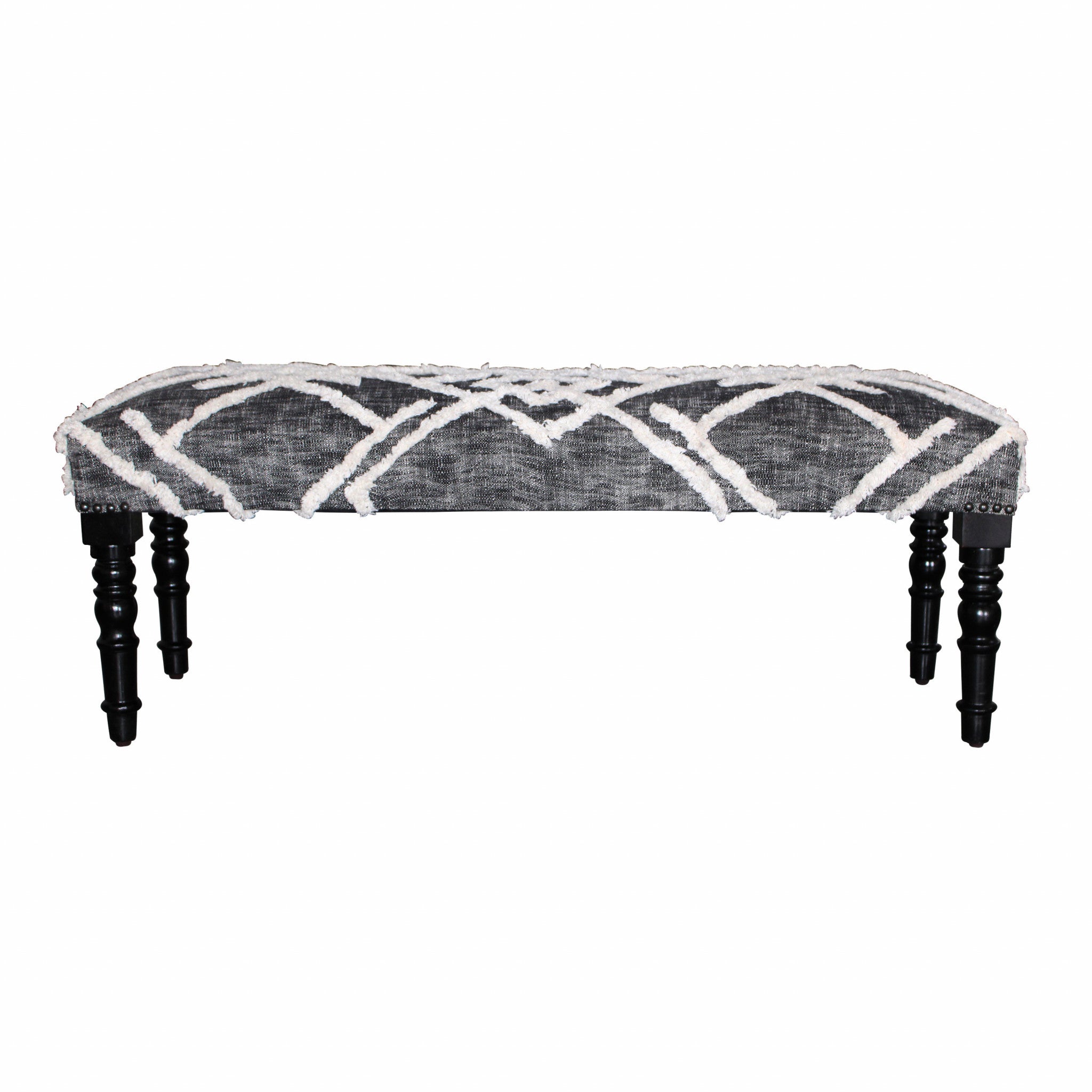 Gray And White Geometric Cotton Upholstered Distressed Bench 47"