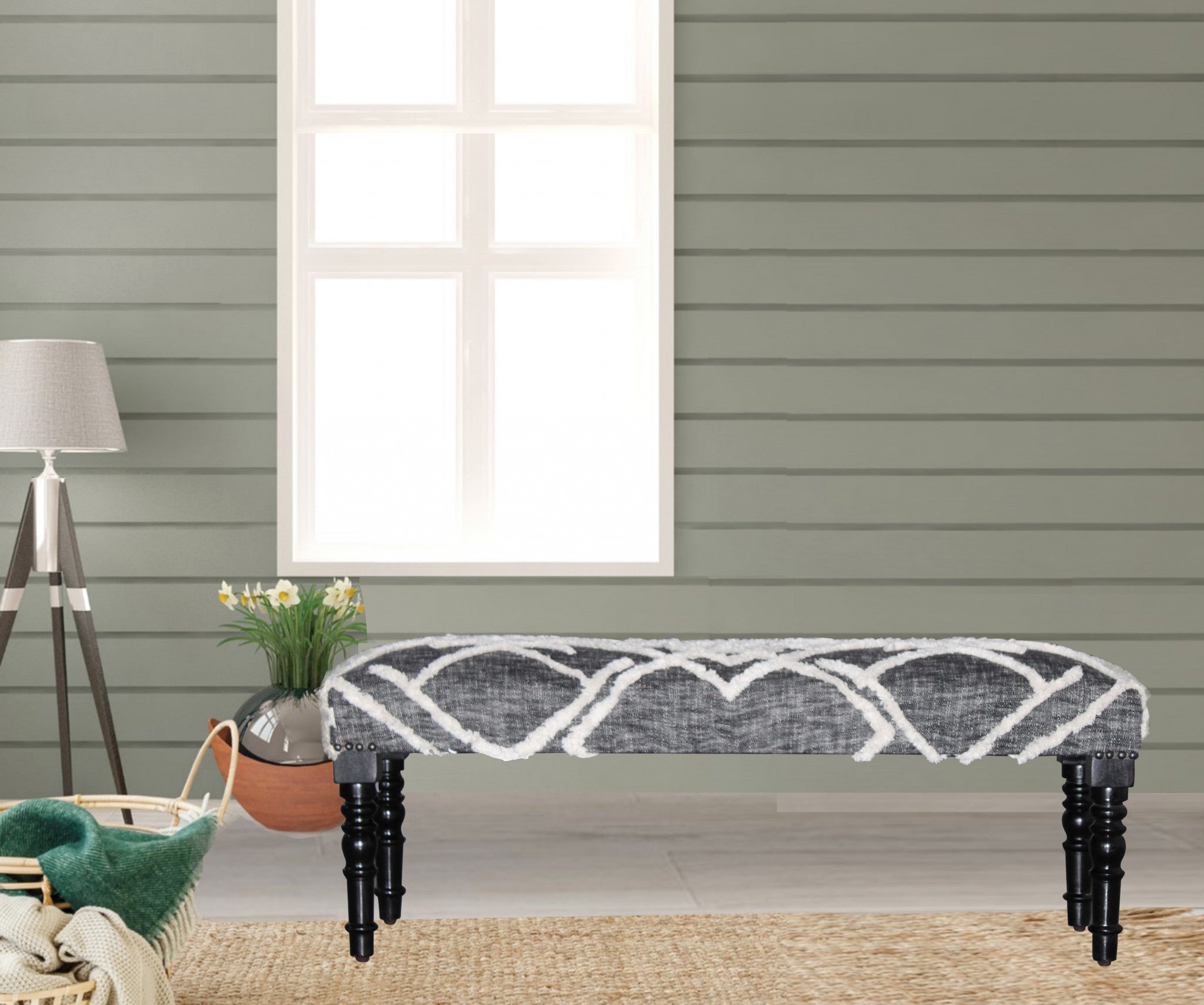 Gray And White Geometric Cotton Upholstered Distressed Bench 47"