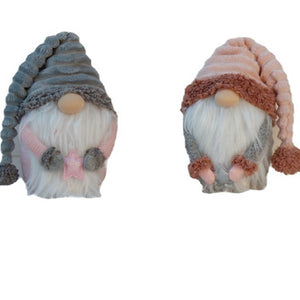 Set Of Two 11" Grey And Pink Fabric Christmas Gnome