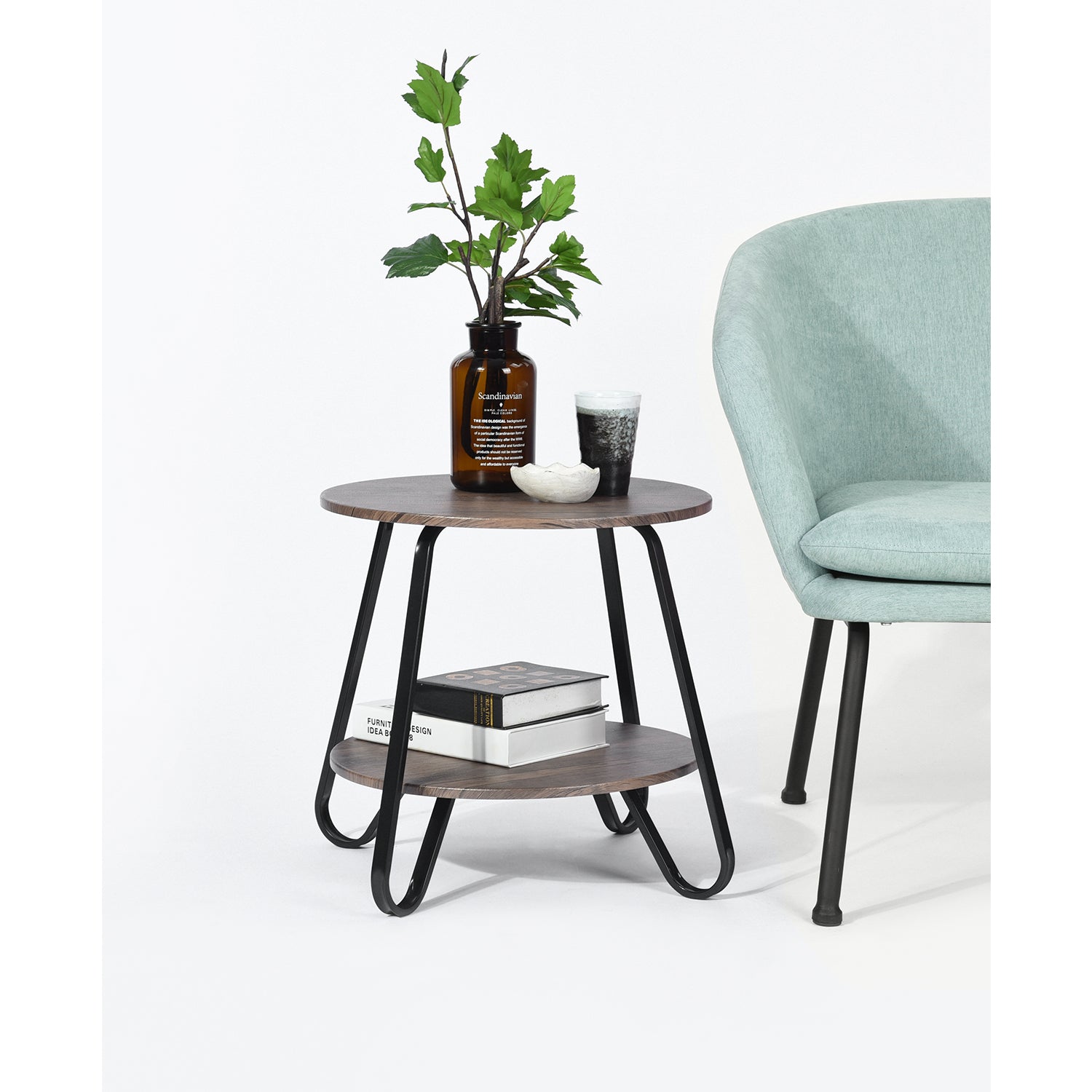 Mesa auxiliar redonda de acero y madera fabricada en negro y marrón oscuro de 18"