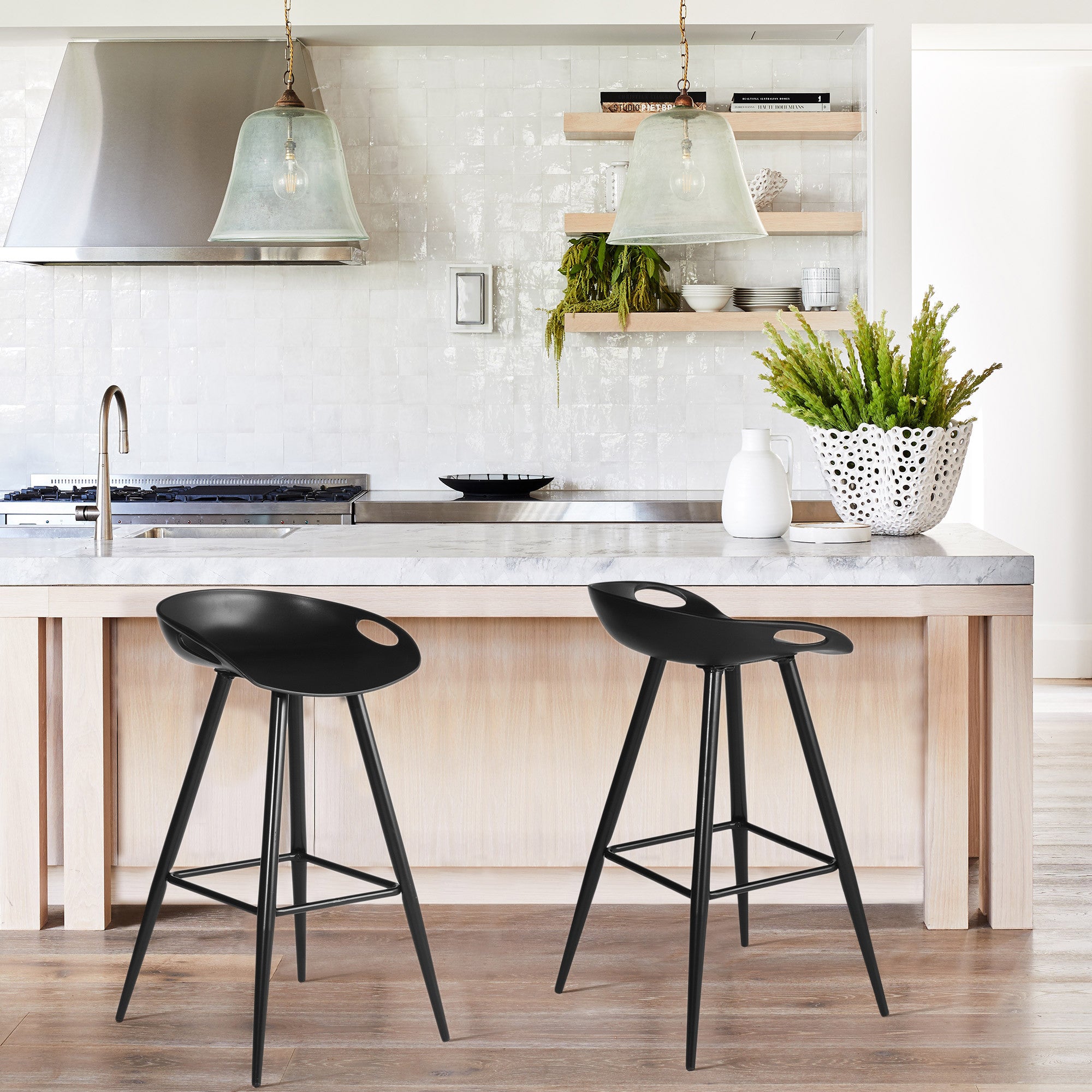 兩件套 32 英寸黑色低背吧台高吧椅帶腳踏板