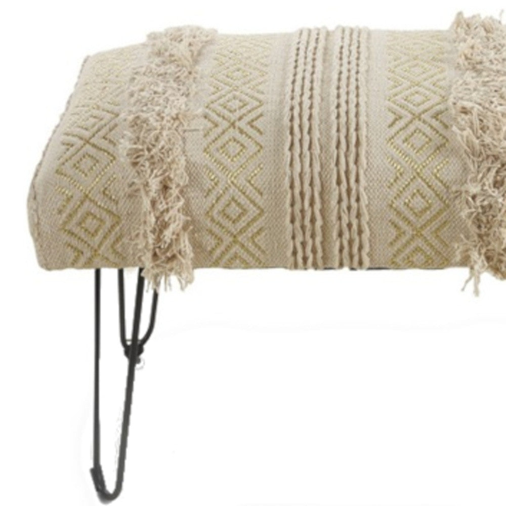 47" Ivory And Gold Geometric Black Leg Upholstered Bench