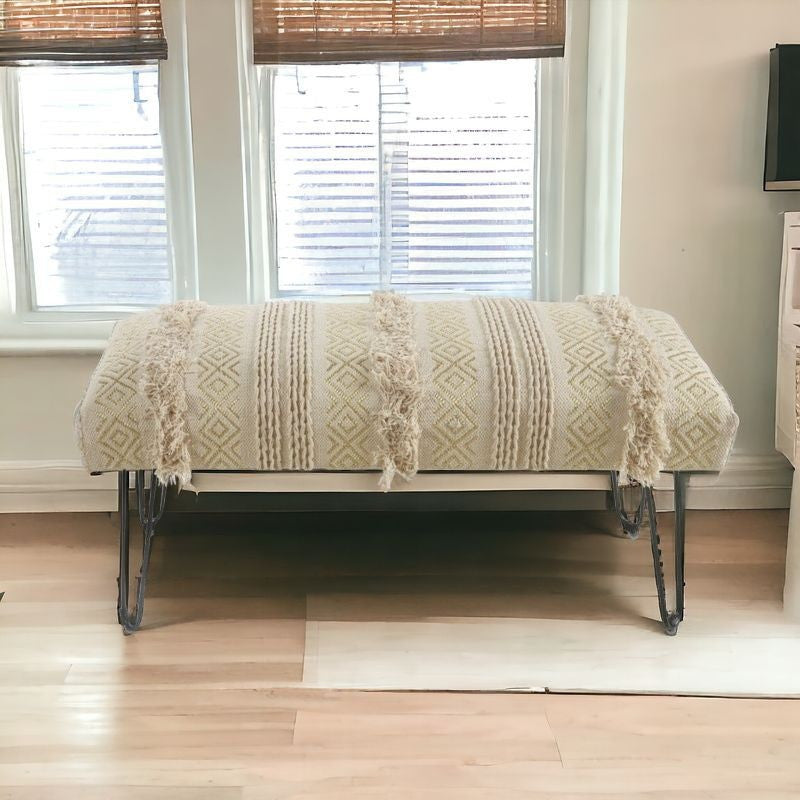 47" Ivory And Gold Geometric Black Leg Upholstered Bench