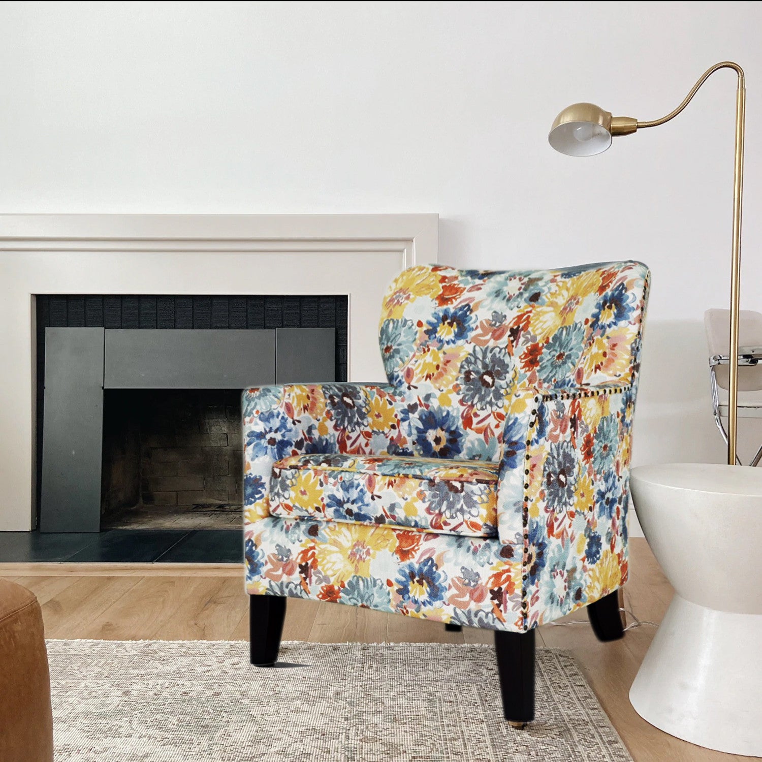 Blue Yellow And Brown Blend Floral Arm Chair 29"