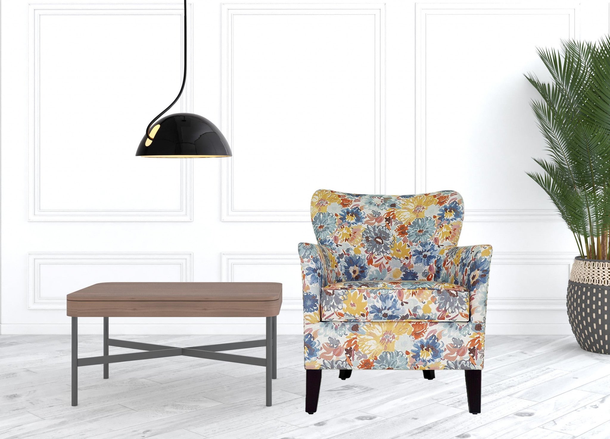 Blue Yellow And Brown Blend Floral Arm Chair 29"