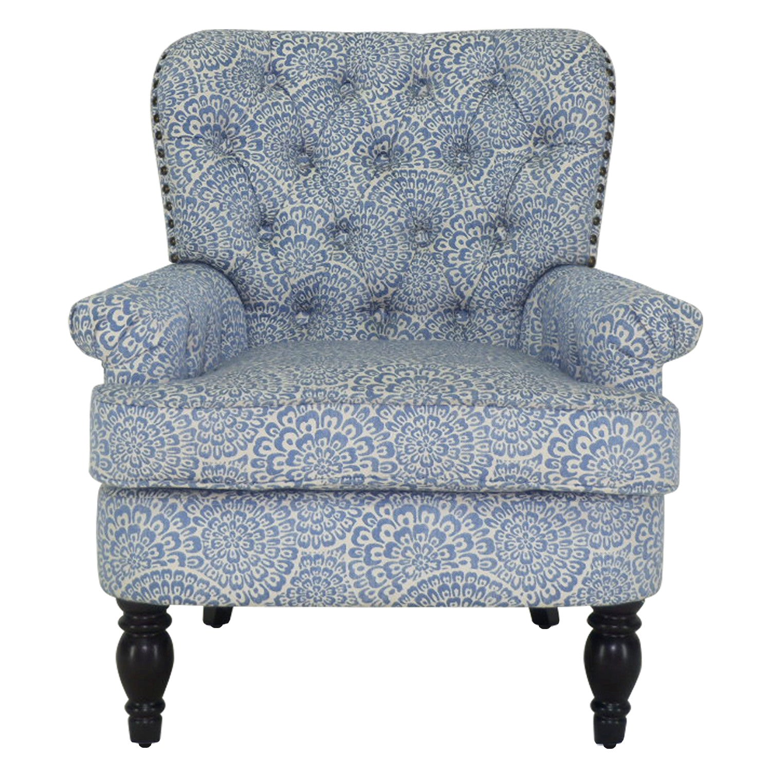 33" Periwinkle Cream And Brown Polyester Blend Floral Wingback Chair