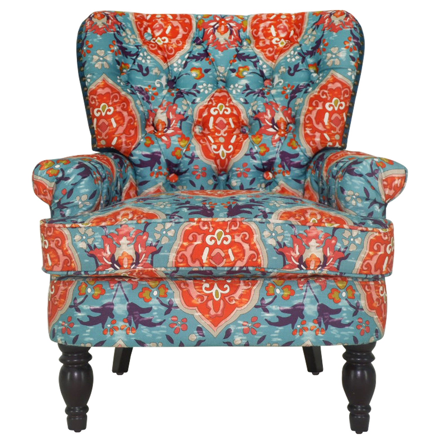 33" Teal Blue And Orange Brown Damask Wingback Chair