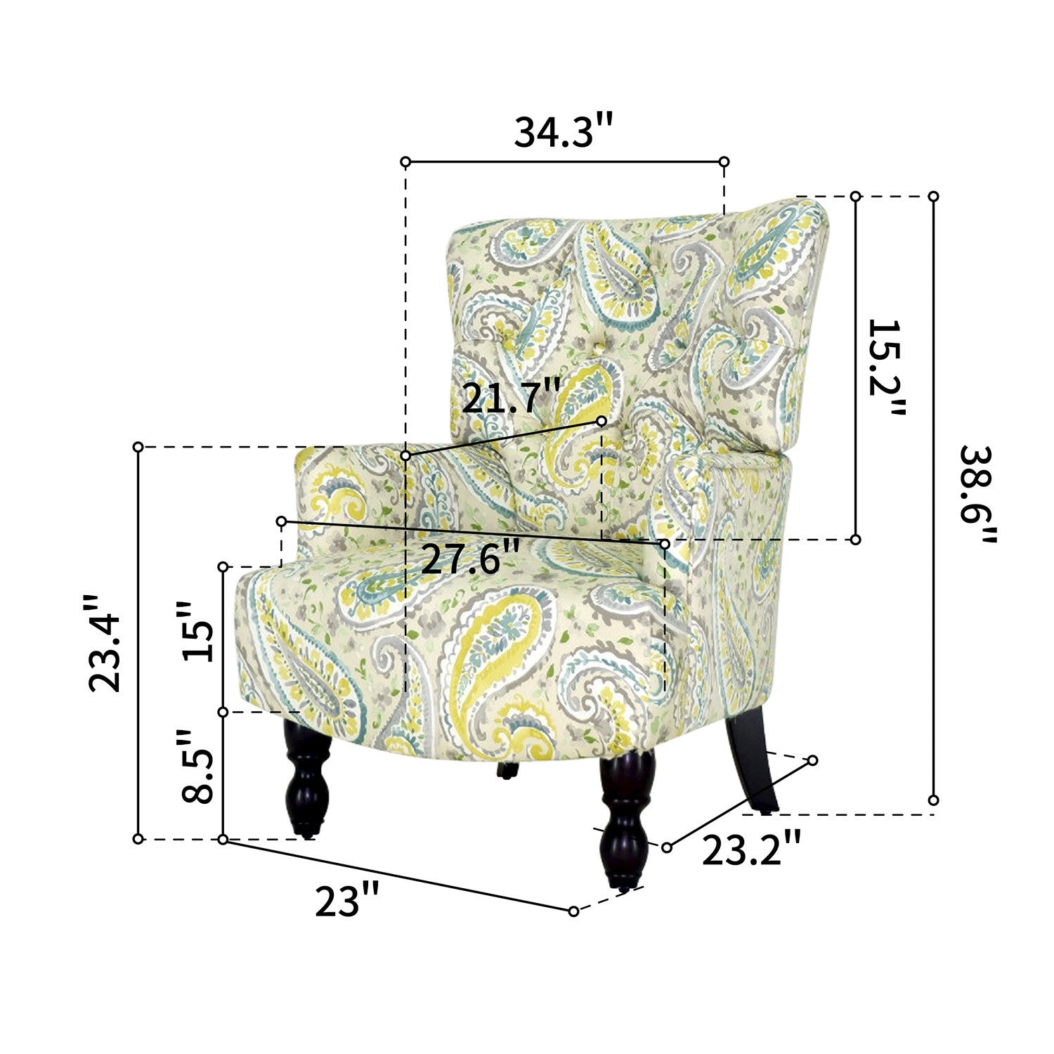 Sillón Paisley de mezcla de poliéster marrón y hierba de limón aguamarina de 28"