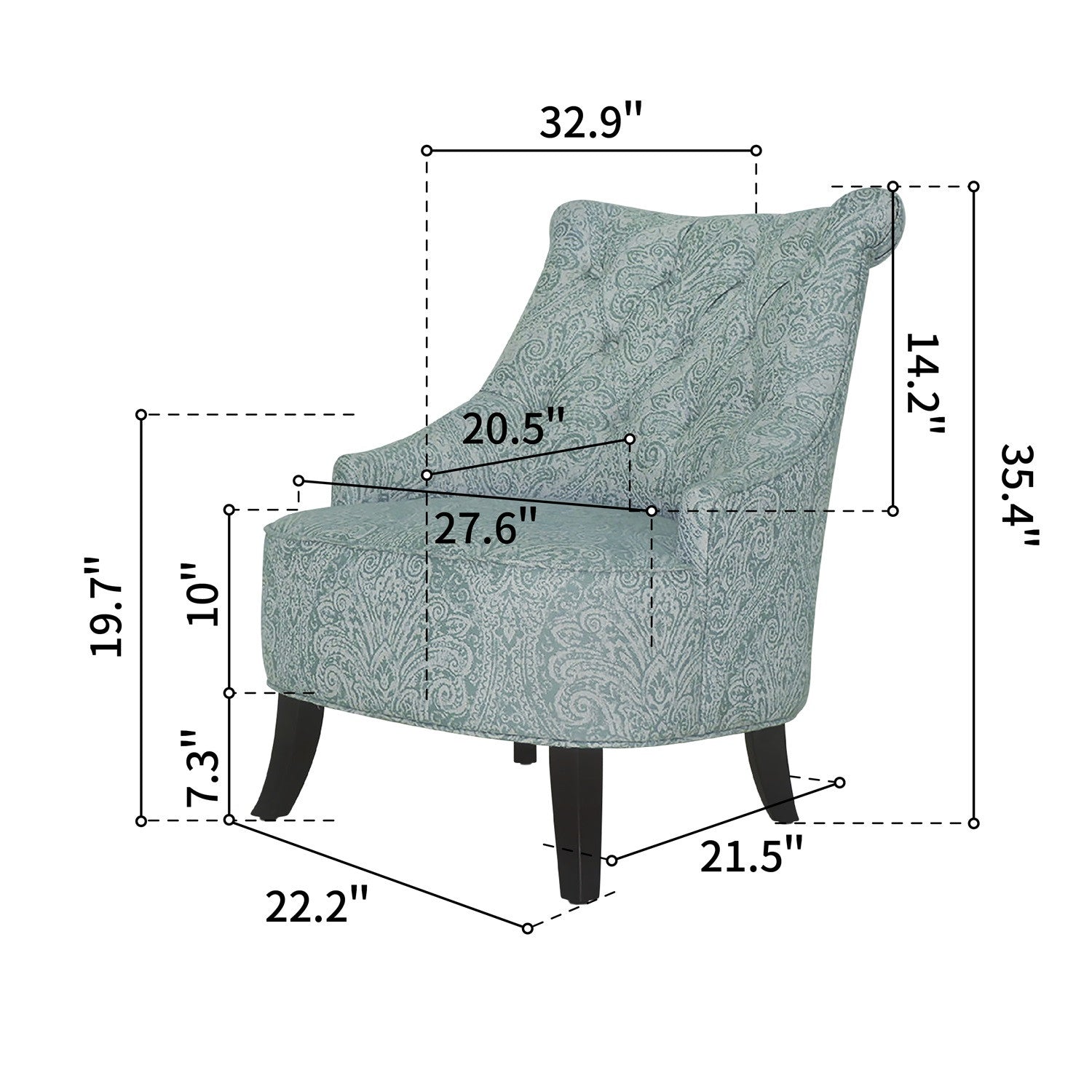 28" Shades Of Aqua And Brown Polyester Blend Damask Wingback Chair