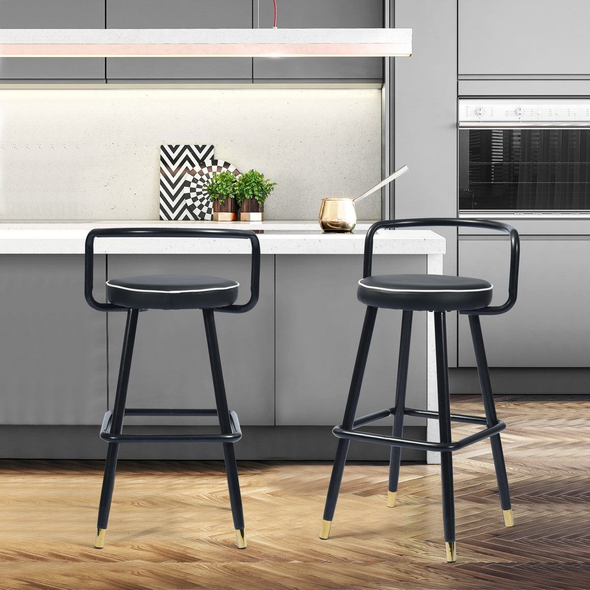 Set Of Two 36" Black Faux Leather And Steel Low Back Bar Height Chairs With Footrest