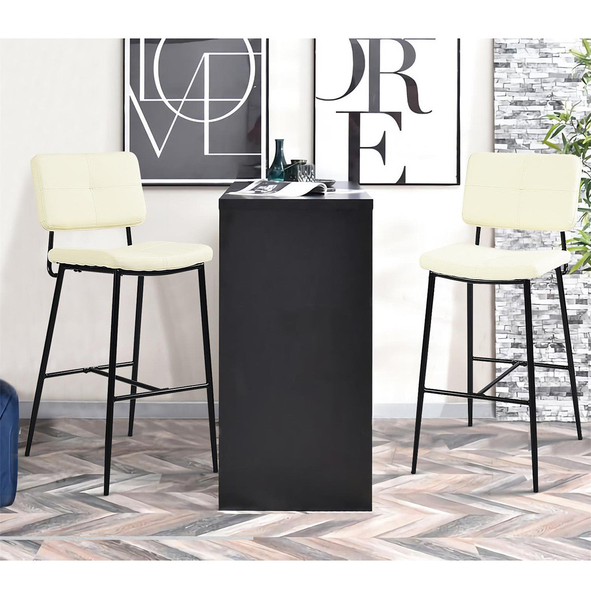 兩件套 41 英寸奶油色人造皮革和黑色低背吧高吧椅