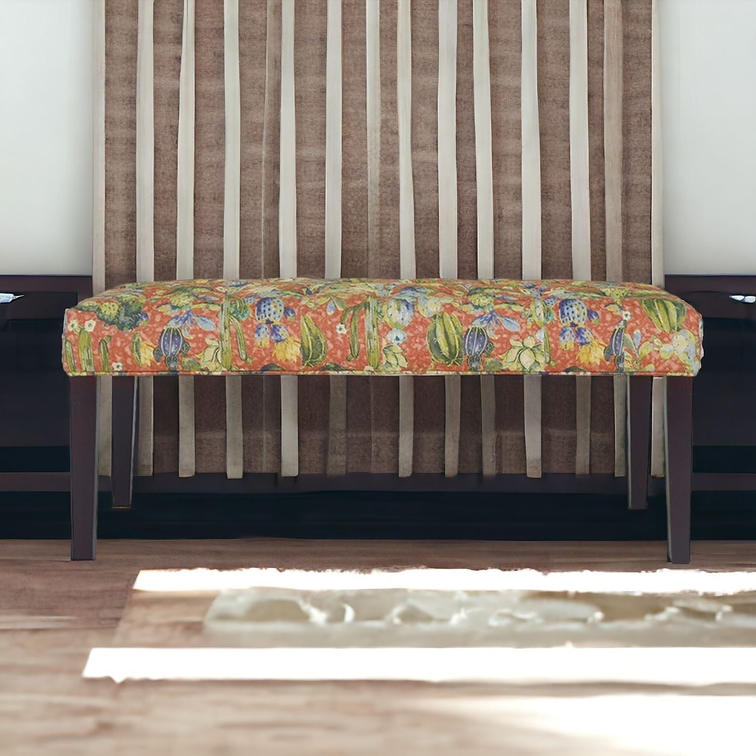 42" Brown And Green Succulent Floral Upholstered Bench