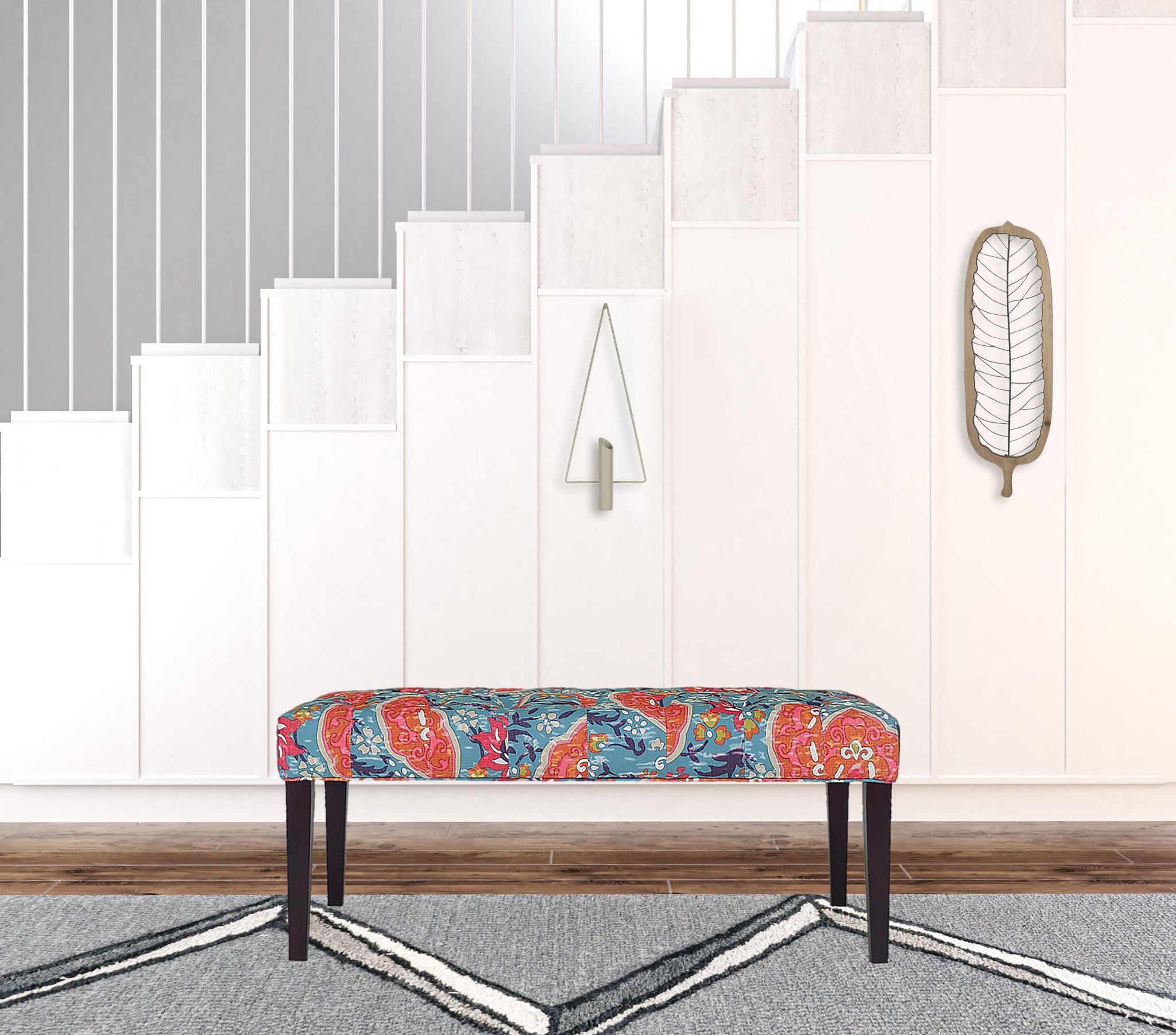 42" Aqua Red And Brown Paisley Medallion Upholstered Bench