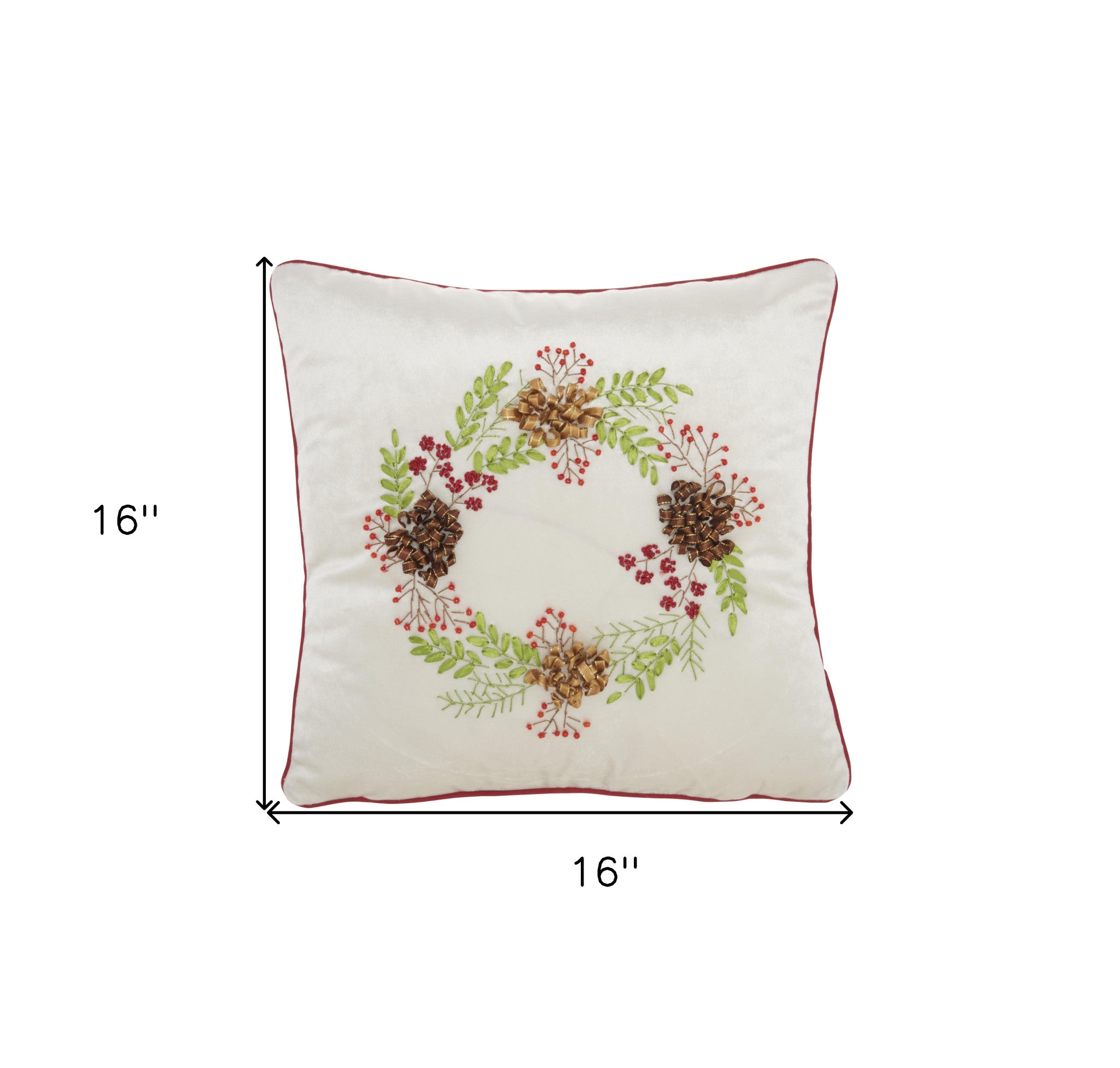 16" X 16" Beige Zippered Handmade Velvet Christmas Wreath Throw Pillow