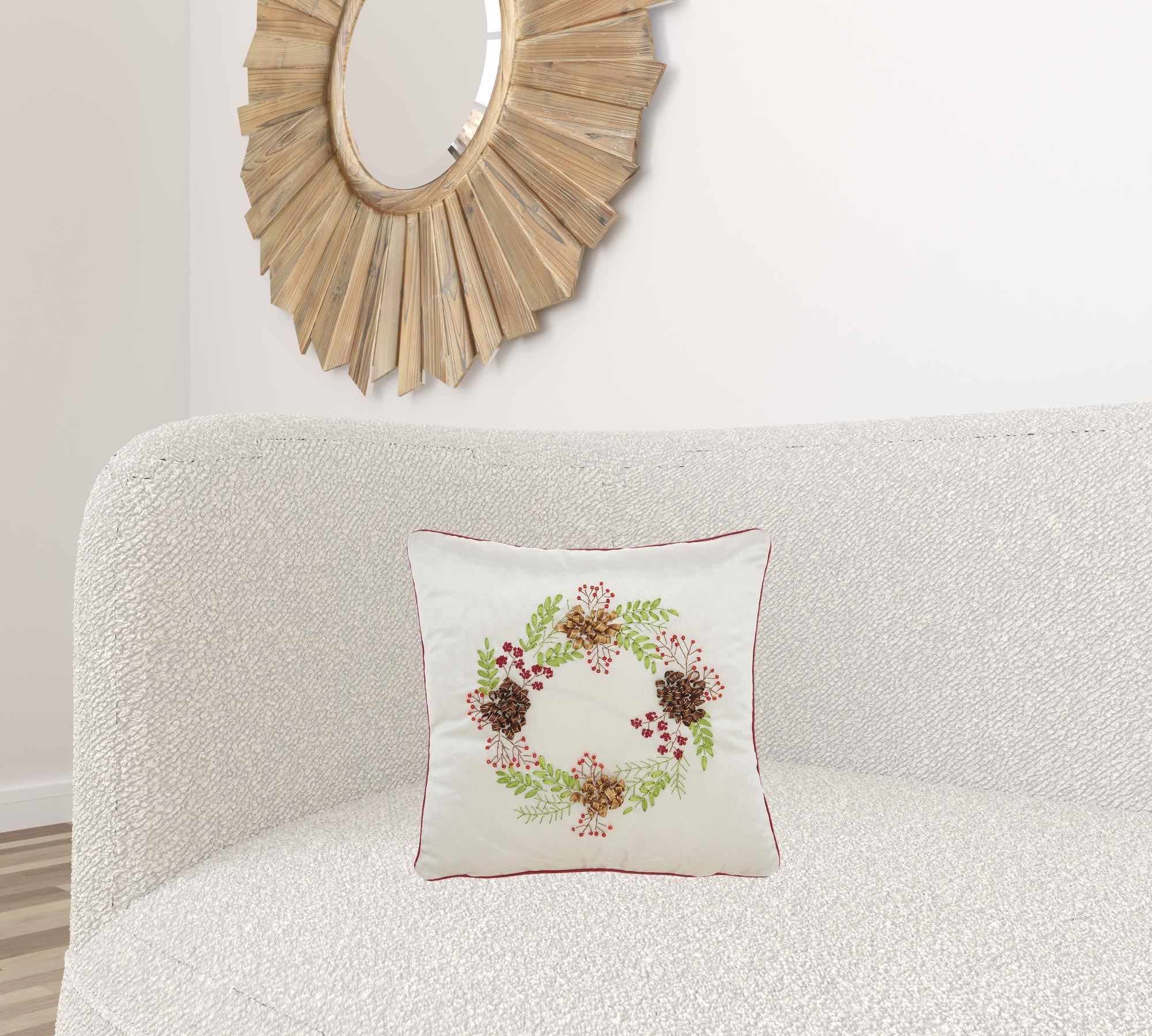 16" X 16" Beige Zippered Handmade Velvet Christmas Wreath Throw Pillow