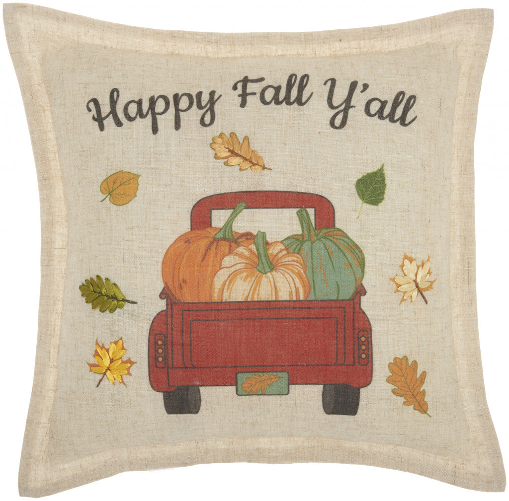 18" X 18" Beige Thanksgiving Linen Blend Blown Seam Pillow