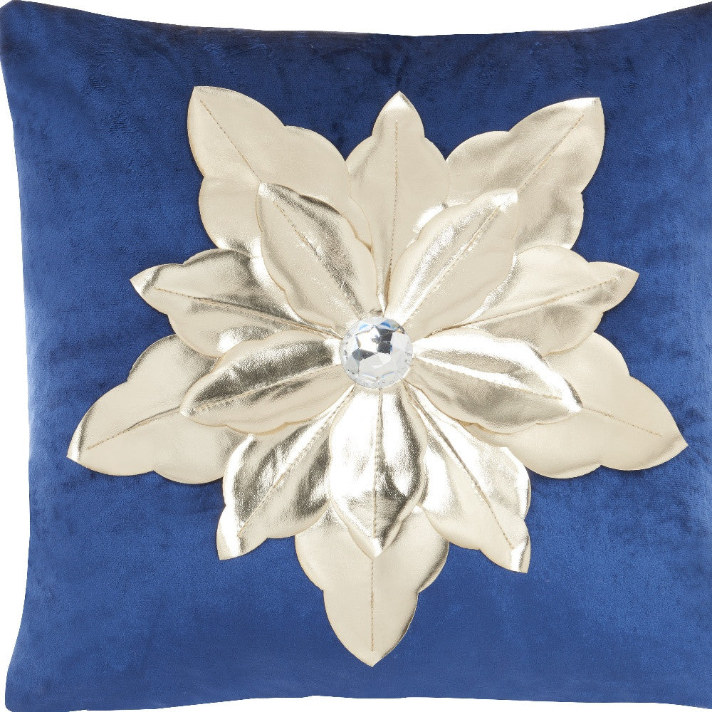 16" X 16" Navy And Gold Zippered Handmade 100% Cotton Christmas Throw Pillow