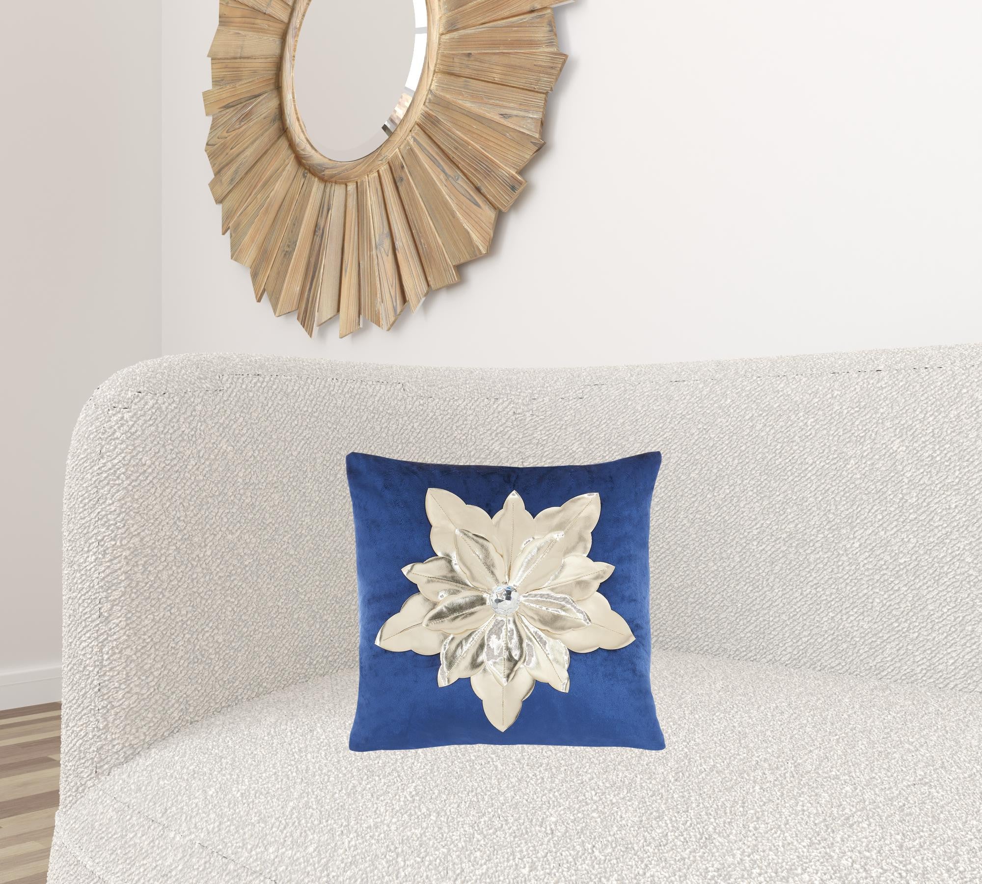 16" X 16" Navy And Gold Zippered Handmade 100% Cotton Christmas Throw Pillow