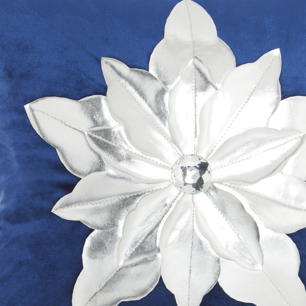 16" X 16" Navy And Silver Zippered Handmade 100% Cotton Christmas Throw Pillow