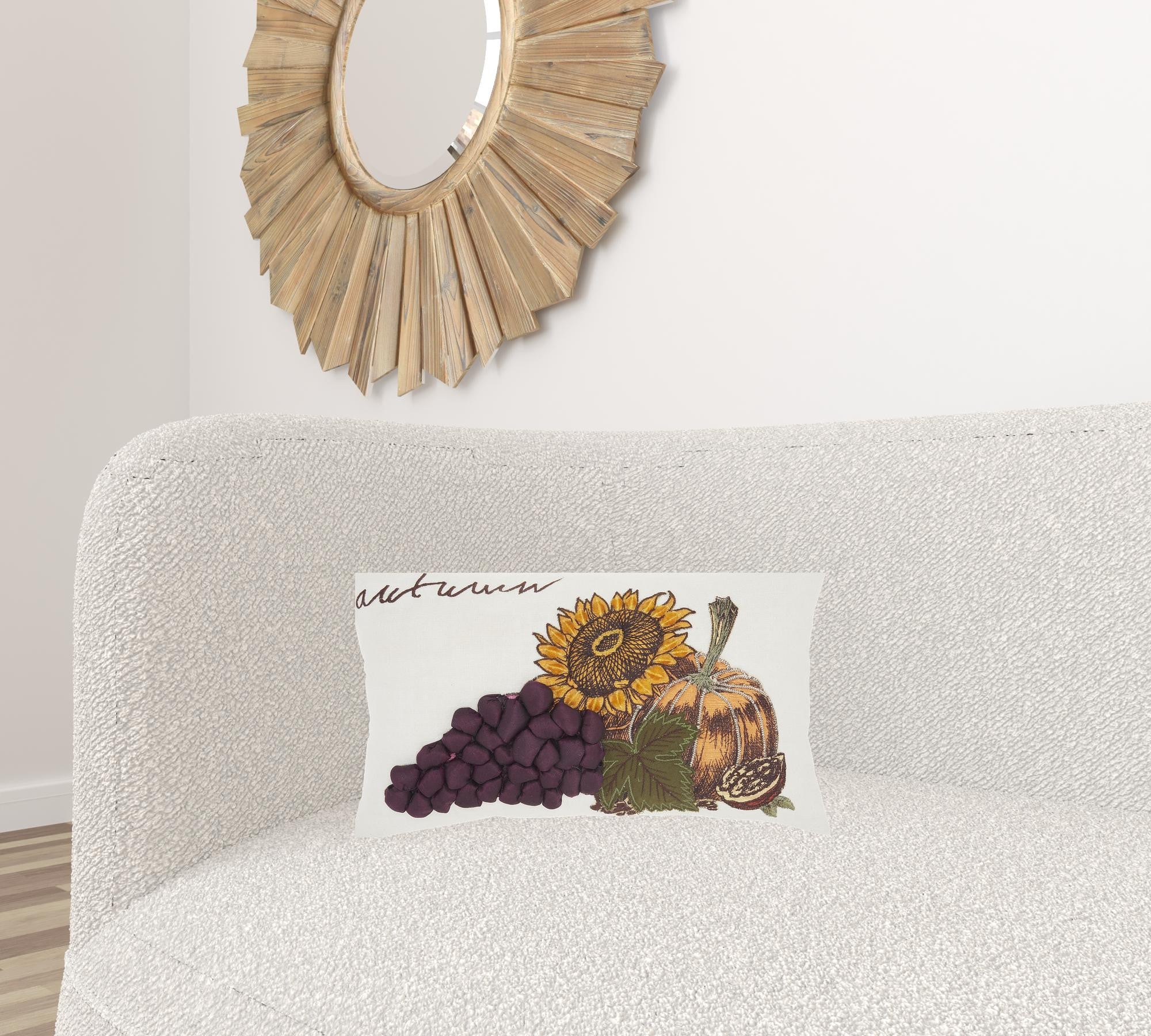12" X 20" Cream Yellow Green And Purple Autumn Sunflower Pillow