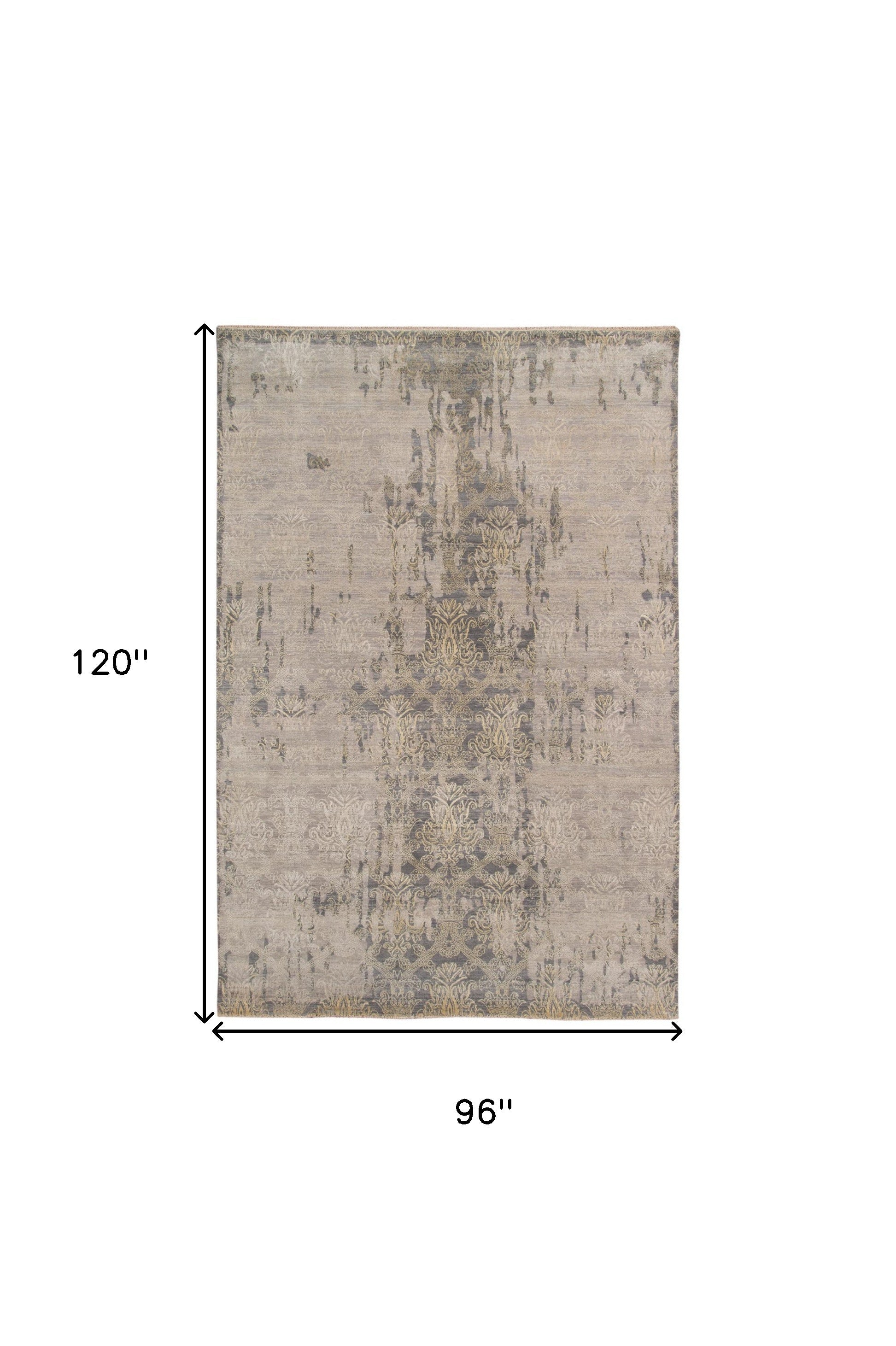 8' X 10' Gray Pearl New Zealand Lambs Wool Damask Distressed Area Rug With Fringe