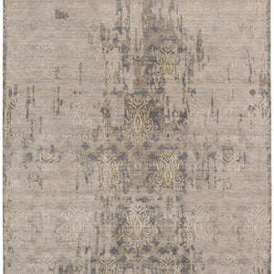 8' X 10' Gray Pearl New Zealand Lambs Wool Damask Distressed Area Rug With Fringe