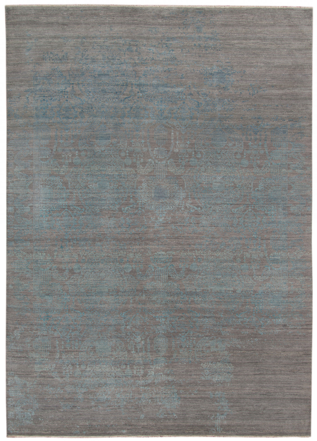 8' X 10' Gray Pearl And Silver New Zealand Lambs Wool Damask Hand Knotted Area Rug With Fringe