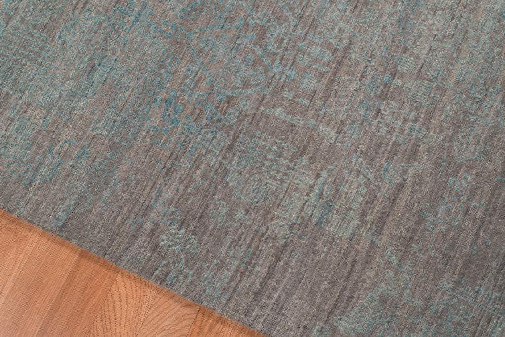 8' X 10' Gray Pearl And Silver New Zealand Lambs Wool Damask Hand Knotted Area Rug With Fringe