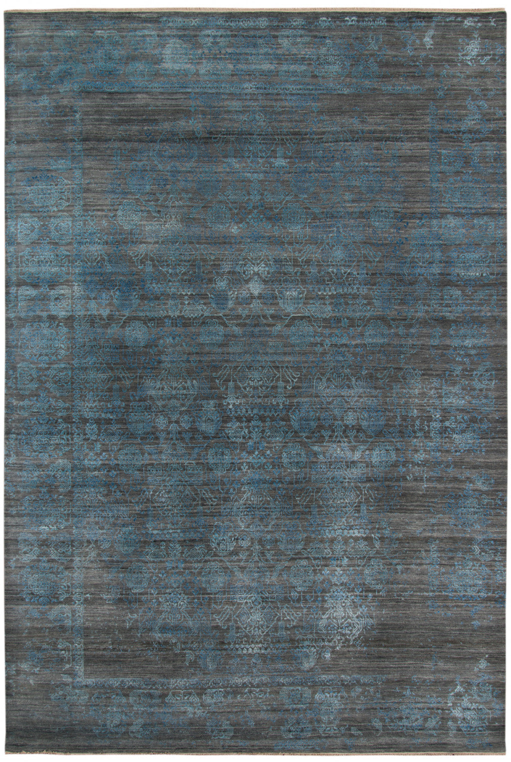 8' X 10' Dark Gray And Blue New Zealand Lambs Wool Damask Hand Knotted Area Rug With Fringe
