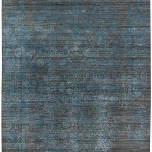 8' X 10' Dark Gray And Blue New Zealand Lambs Wool Damask Hand Knotted Area Rug With Fringe