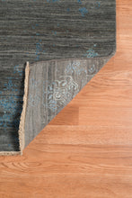 8' X 10' Dark Gray And Blue New Zealand Lambs Wool Damask Hand Knotted Area Rug With Fringe