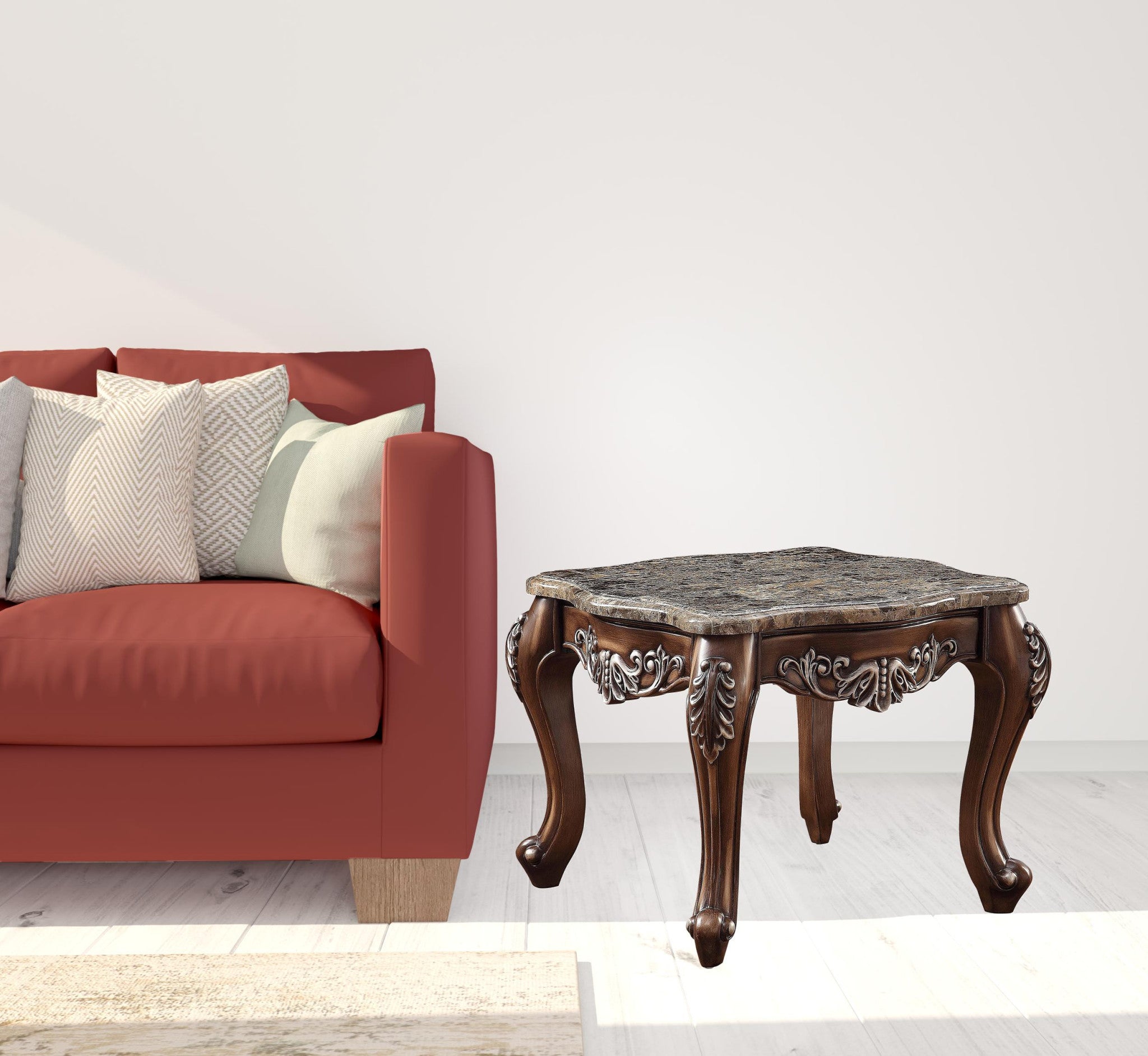 24" Antique Oak And Marble Square End Table