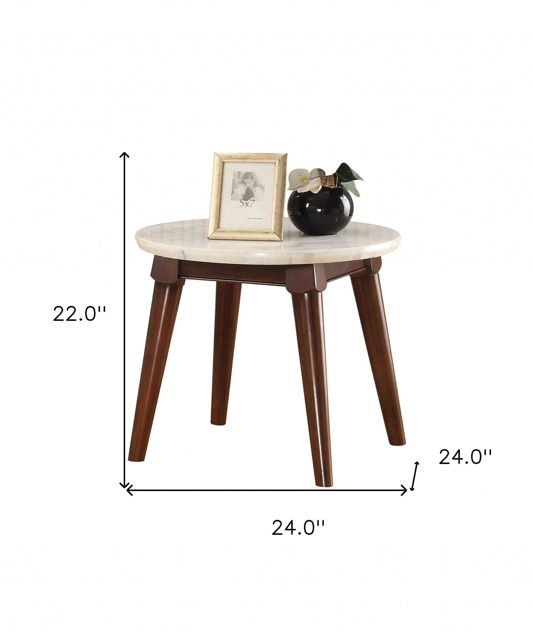 22" Walnut And White Faux Marble Round End Table
