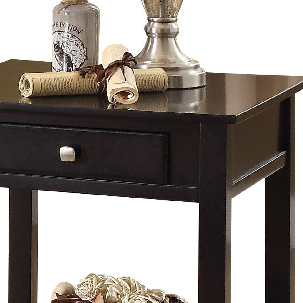 Mesa auxiliar cuadrada de madera fabricada en negro de 22" con cajón con estante