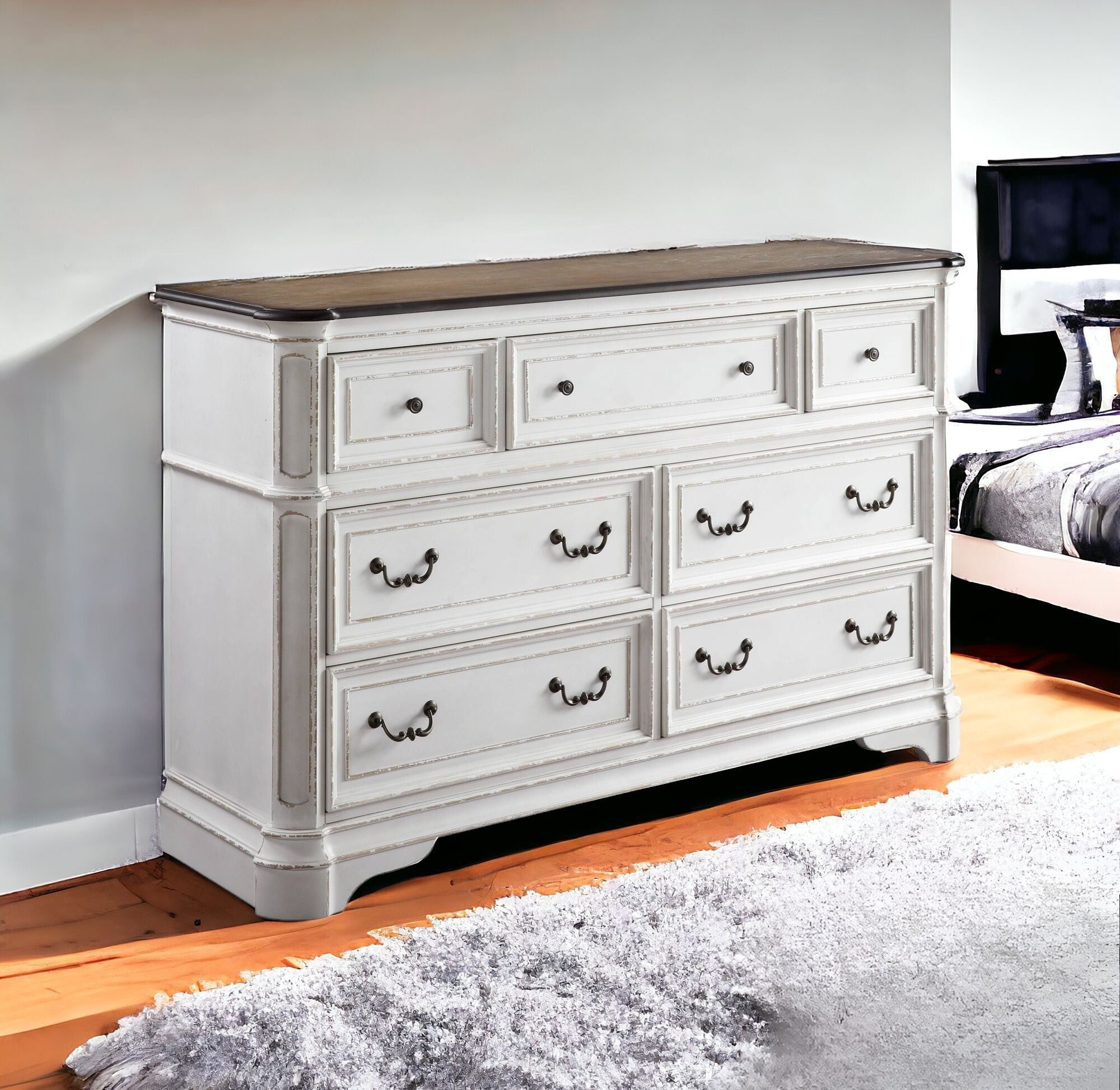 64" Antique White And Oak Solid Wood Seven Drawer Triple Dresser