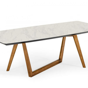 91" White And Walnut Rectangular Stone And Manufactured Wood Dining Table
