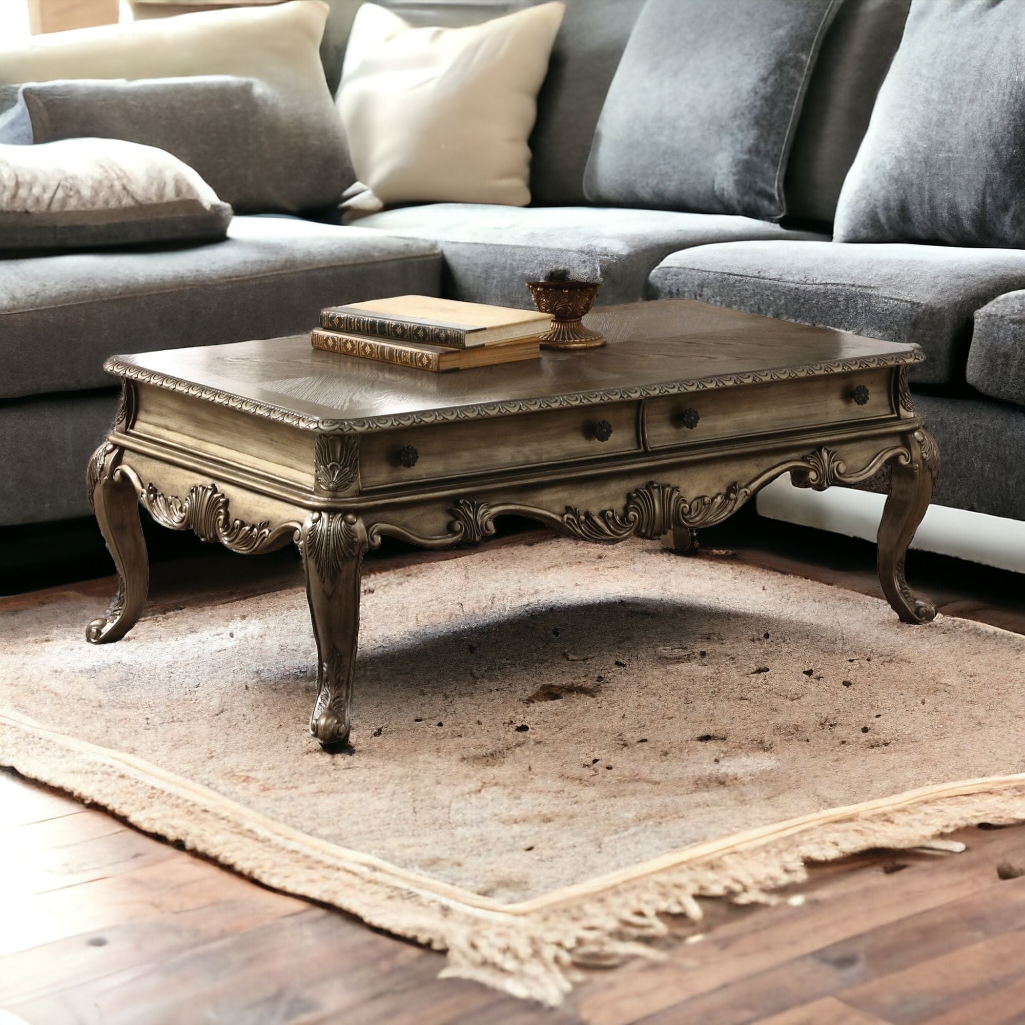 52" Vintage Oak Manufactured Wood Rectangular Coffee Table With Two Drawers