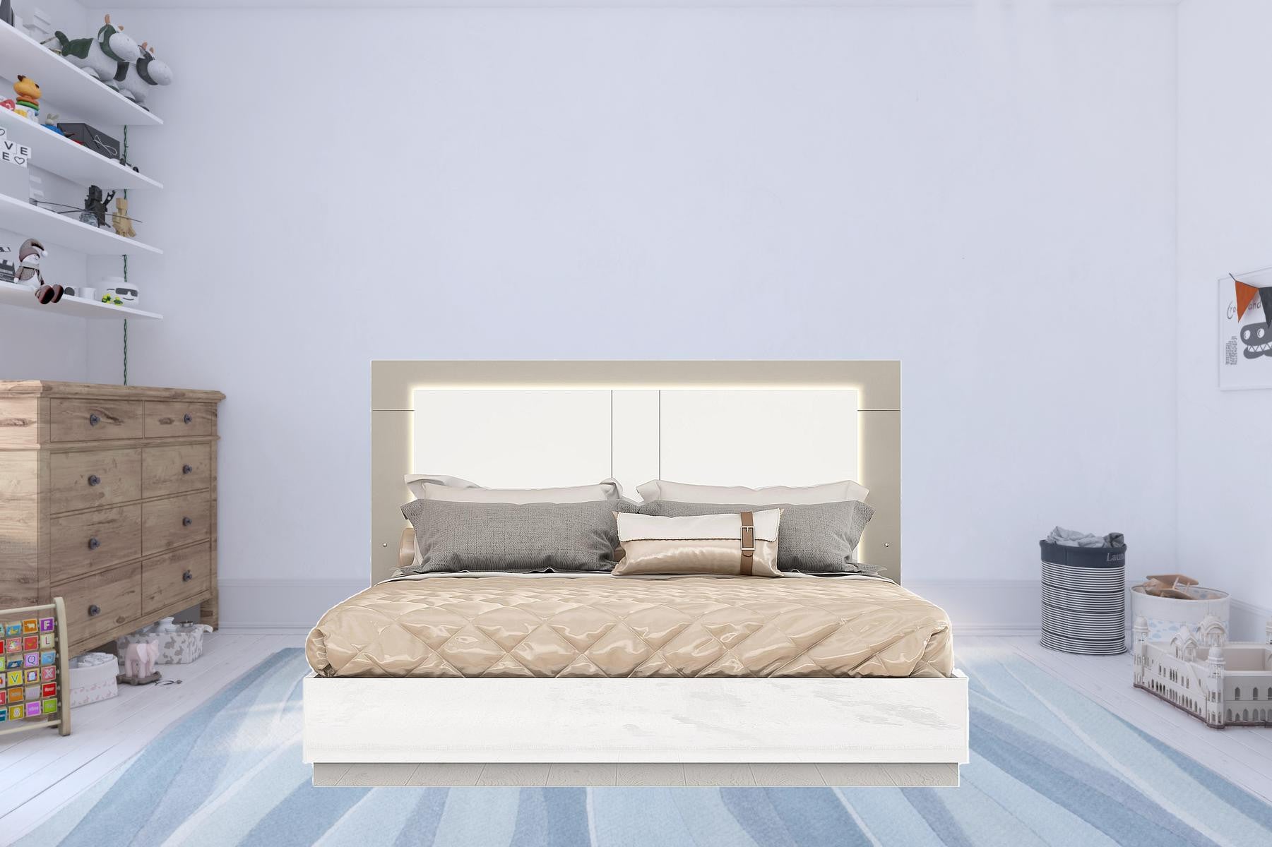 King White and Taupe High Gloss Bed Frame with LED Headboard