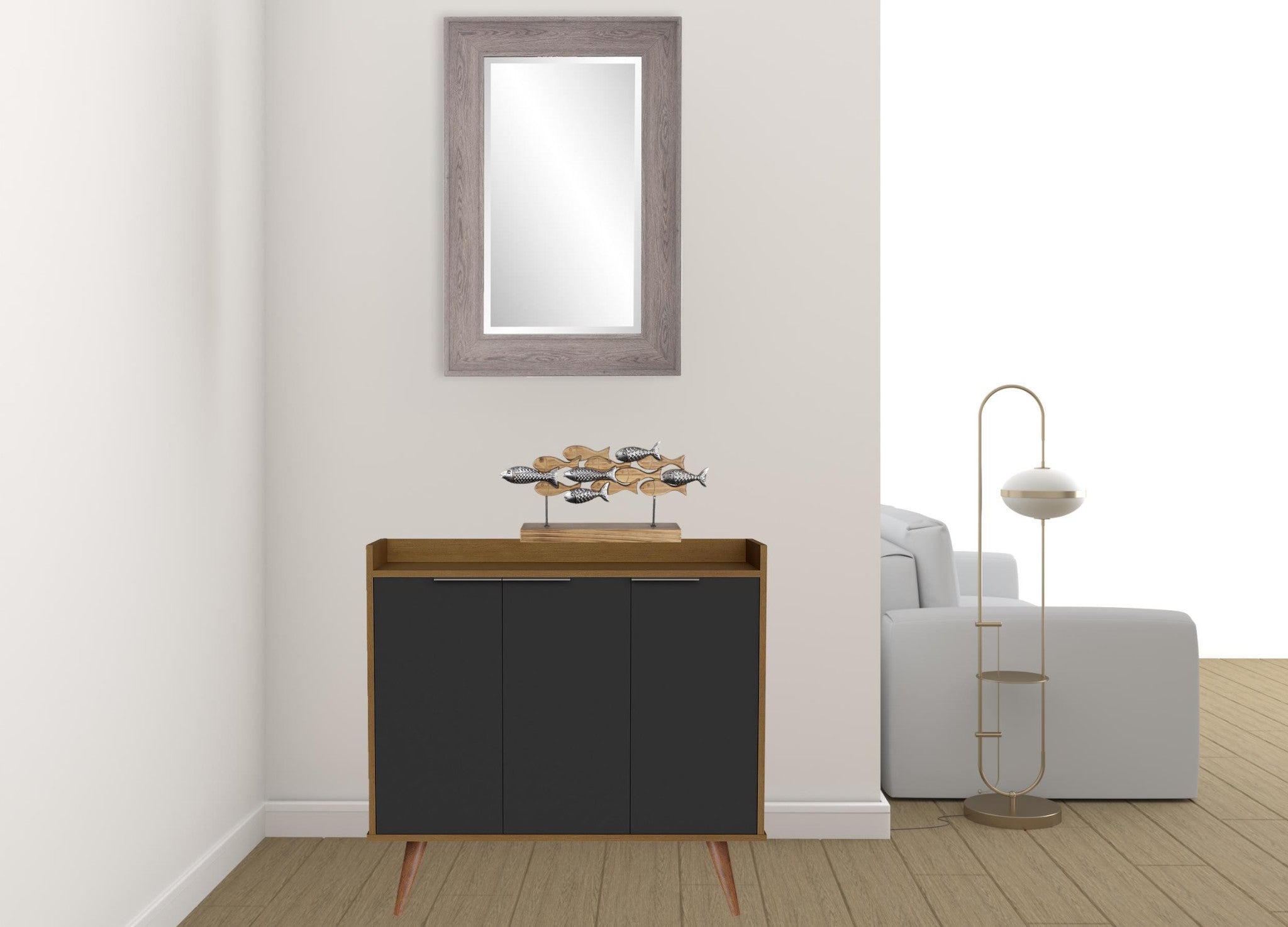 35" Brown Walnut And Black Buffet Accent Chest With Three Shelves